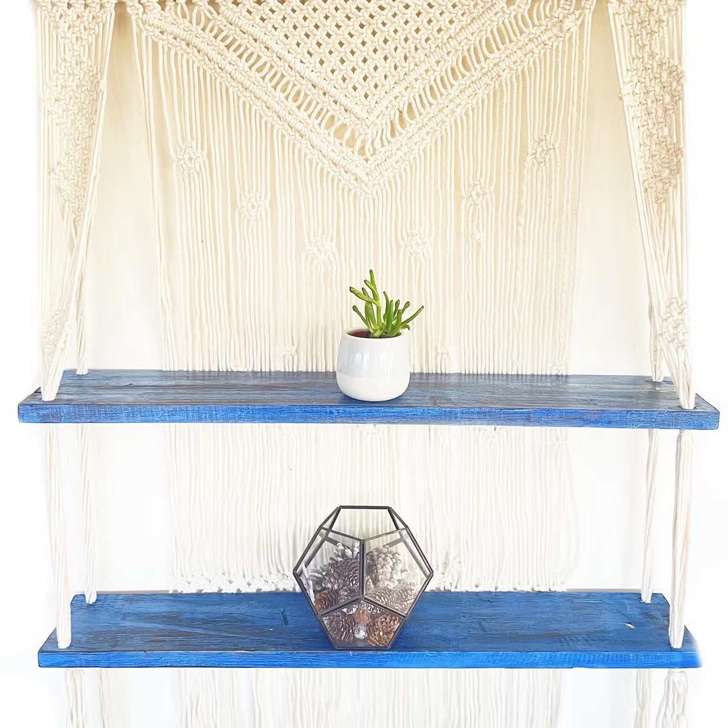 Handmade Eco-Friendly Macrame Cotton and Wooden Hanging Shelves - Blue