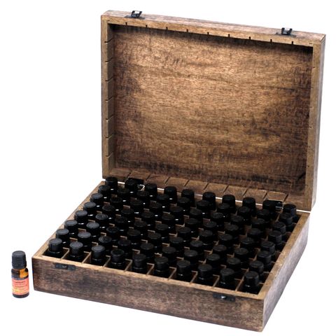 Mango Wood Hand Carved Aromatherapy Essential Oil Box - Floral Design for 80 Bottles