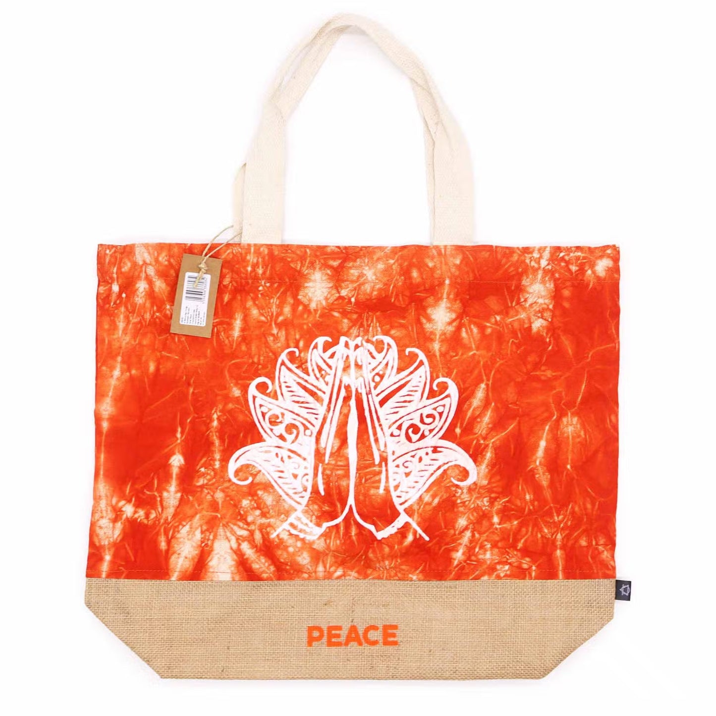 Stonewash Orange All Natural Eco-Friendly Jute and Cotton Tote Bag - Namaste Hand / Peace
