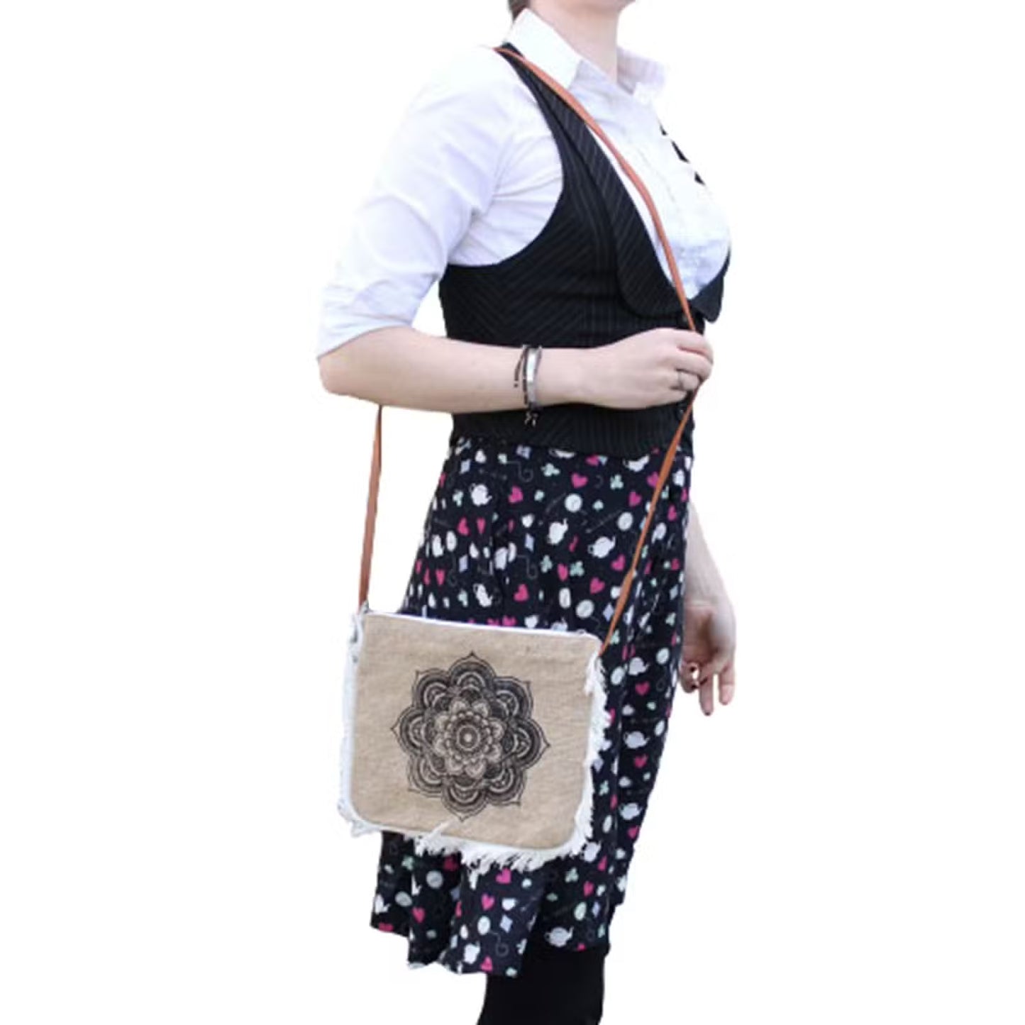 Soft Washed Eco-Friendly Jute Fringe Shoulder Handbags - Mandala Design