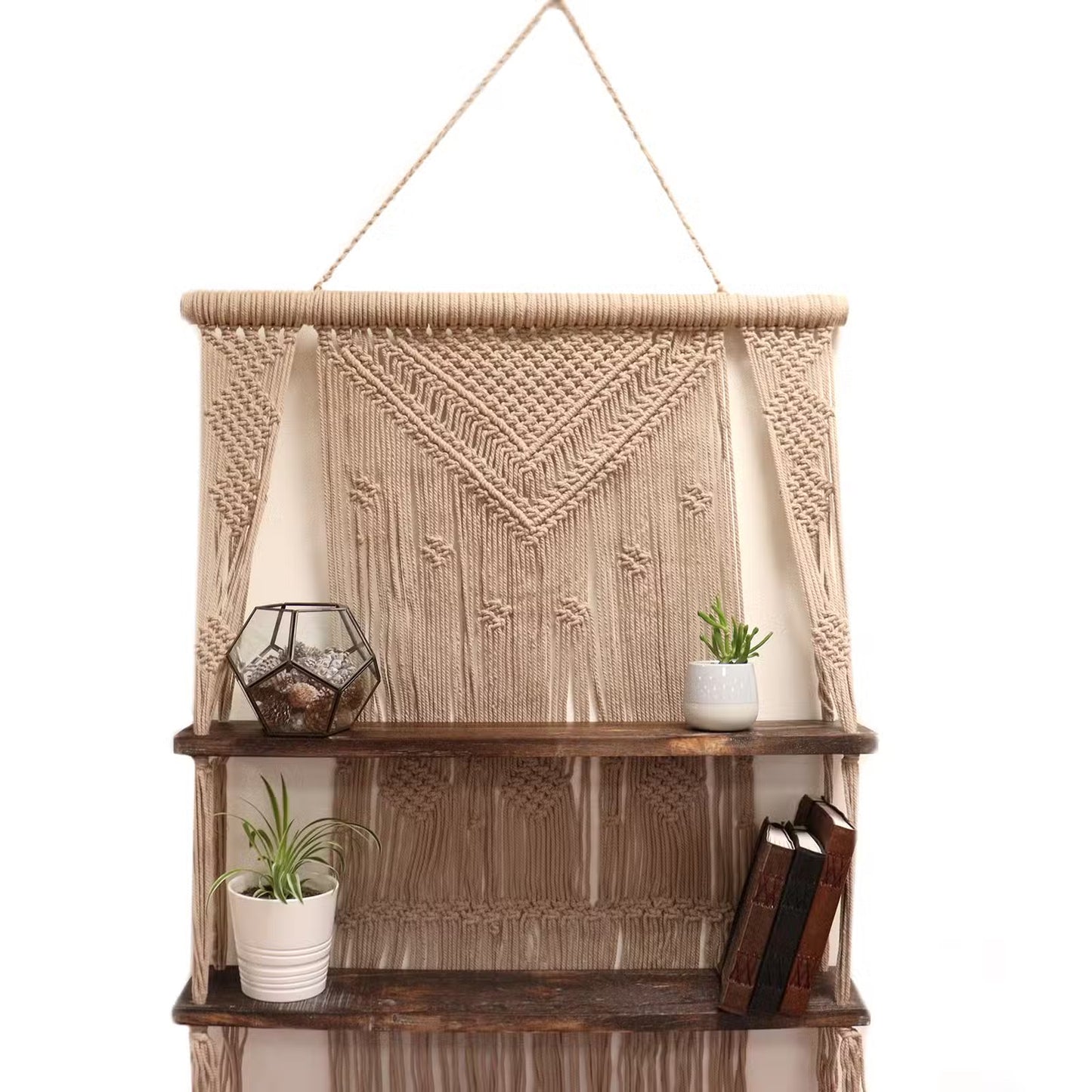 Handmade Eco-Friendly Macrame Cotton and Wooden Hanging Shelves - Brown