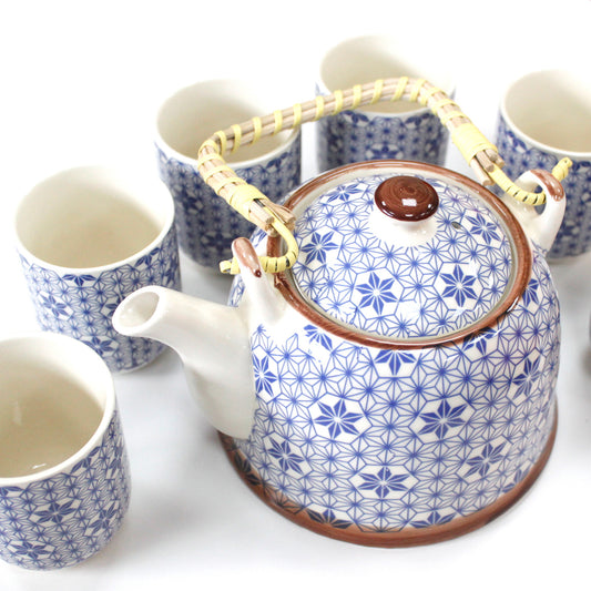 650ml Blue Star Design White Ceramic Herbal Teapot with a Strainer and a 6 Matching Cup Set