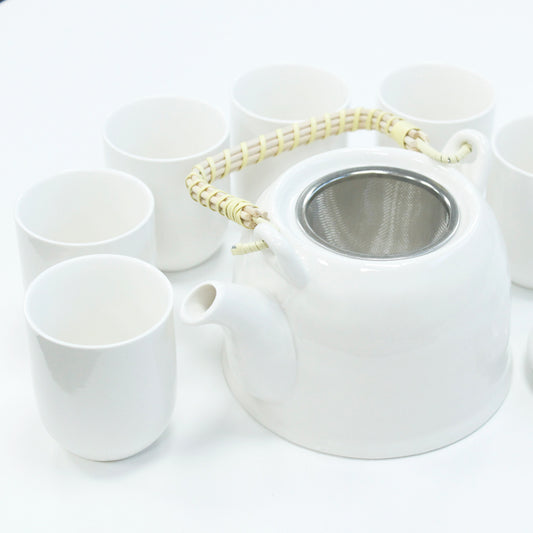 650ml Ceramic Classic Design White Glazed Herbal Teapot with Strainer and a 6 Matching Cup Set