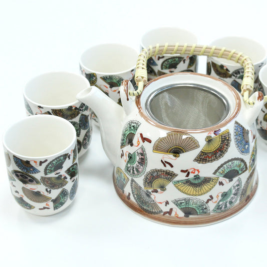650ml Chinese Fan Design White Glazed Ceramic Teapot with a Strainer and a 6 Matching Cup Set
