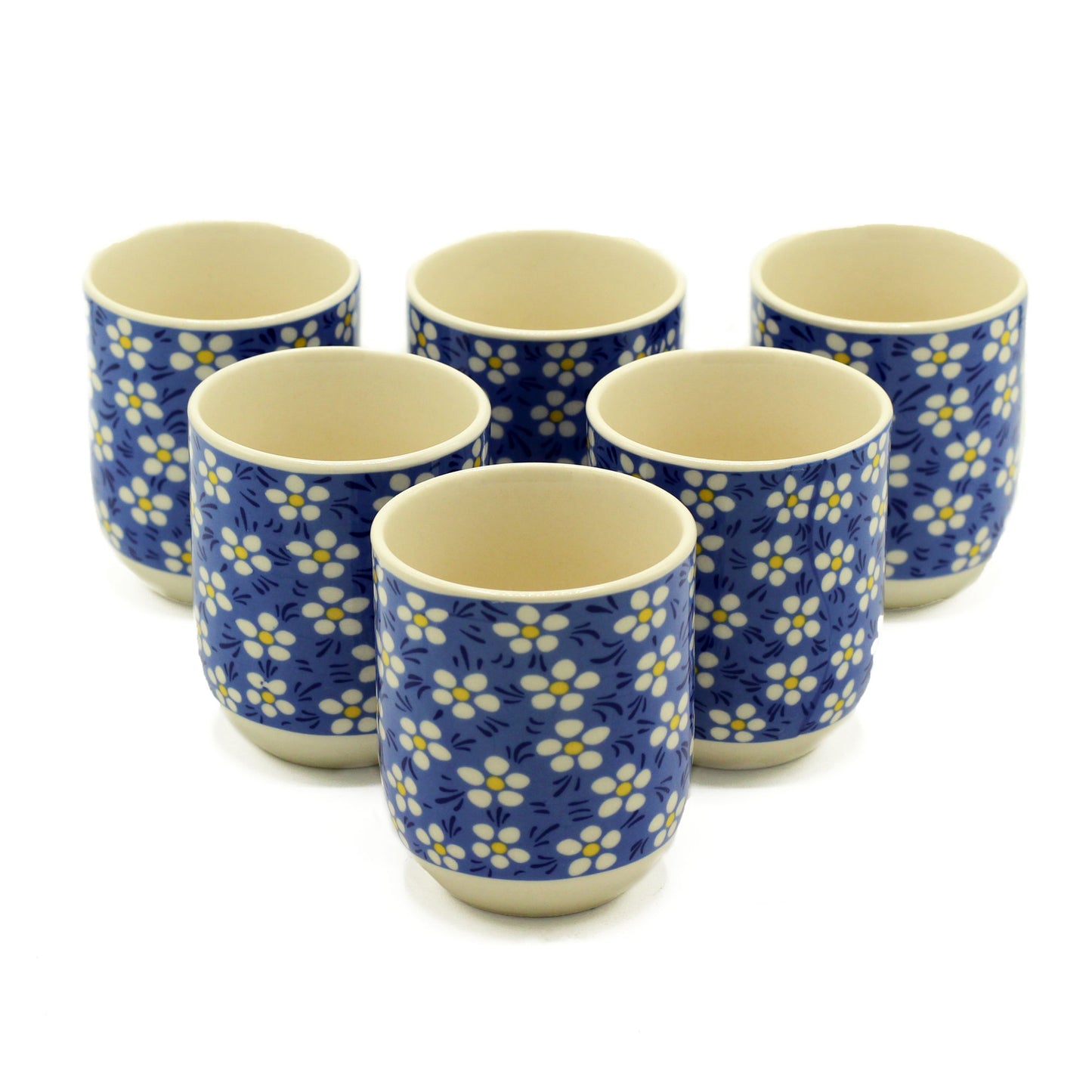 6 Ceramic Blue Daisy Design Herbal Tea Cups