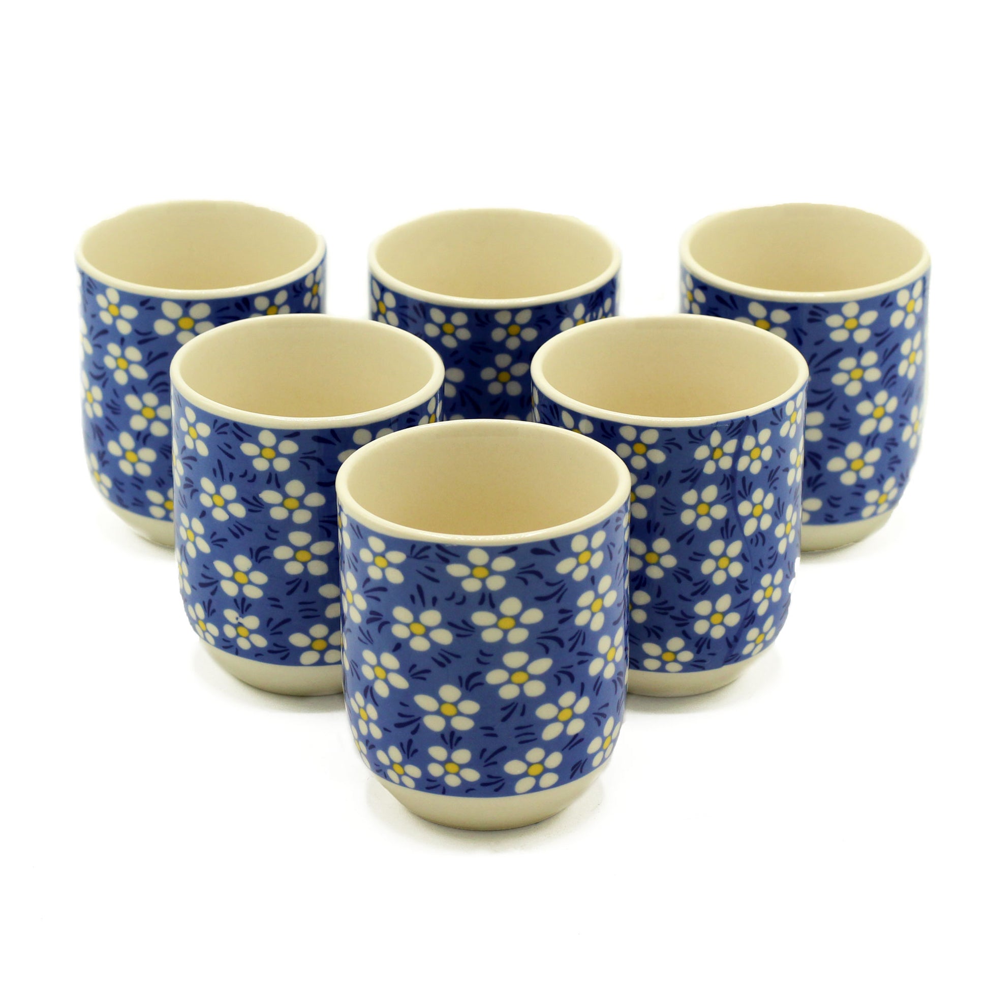 6 Ceramic Blue Daisy Design Herbal Tea Cups