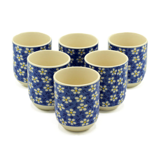 6 Ceramic Blue Daisy Design Herbal Tea Cups