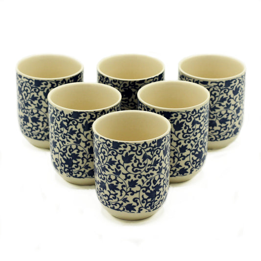 6 Ceramic Blue Patterned Design Herbal Tea Cups