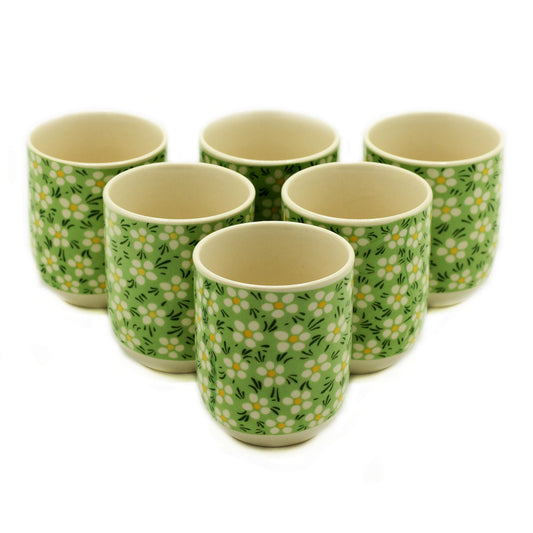 6 Ceramic Green Daisy Design Herbal Tea Cups