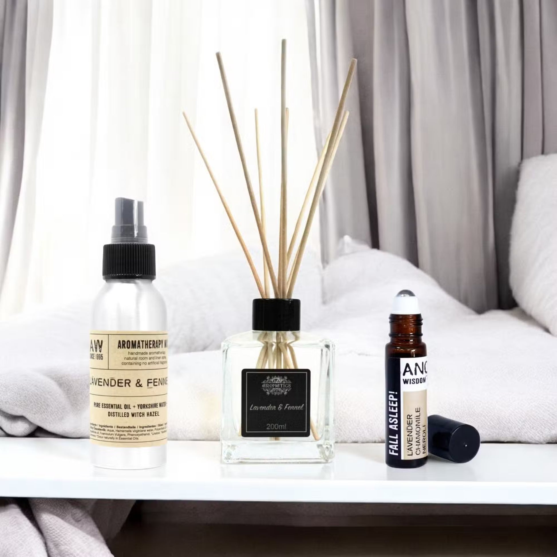 Good Sleep Essential Oil Mist, Roll On and Reed Diffuser Kit product packaging on clean background from Quintessential Holistic Health Ltd