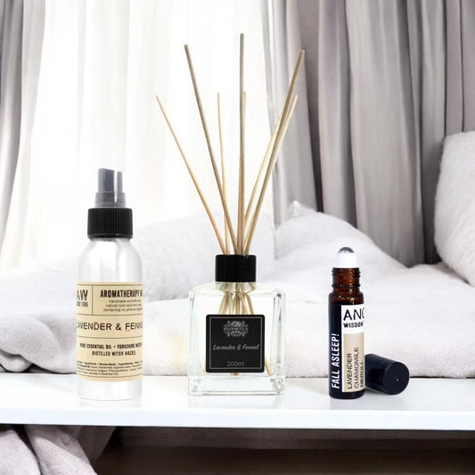 Good Sleep Essential Oil Mist, Roll On and Reed Diffuser Kit product packaging on clean background from Quintessential Holistic Health Ltd