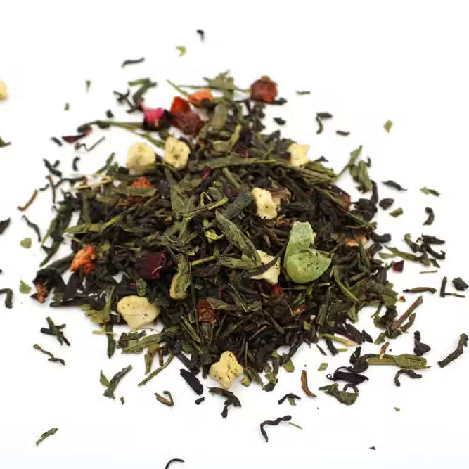 Mid-Summer Magic green tea blend, loose mixed tea leaves with red, yellow and blue pieces from Quintessential Holistic Health.