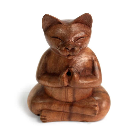 Suar Wood Hand Carved Incense Cone Burner - Yoga Cat / Medium