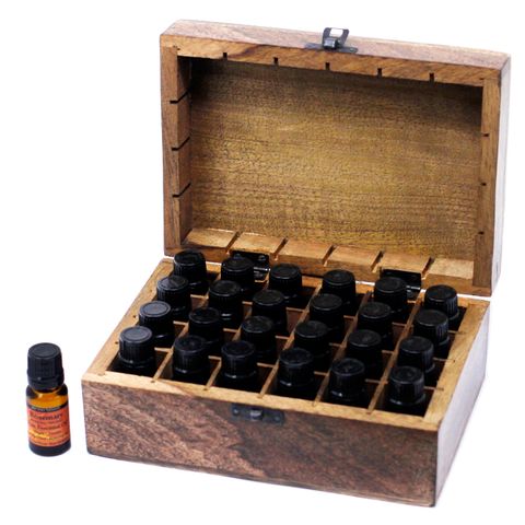 Mango Wood Hand Carved Aromatherapy Essential Oil Box - Floral Design for 24 Bottles