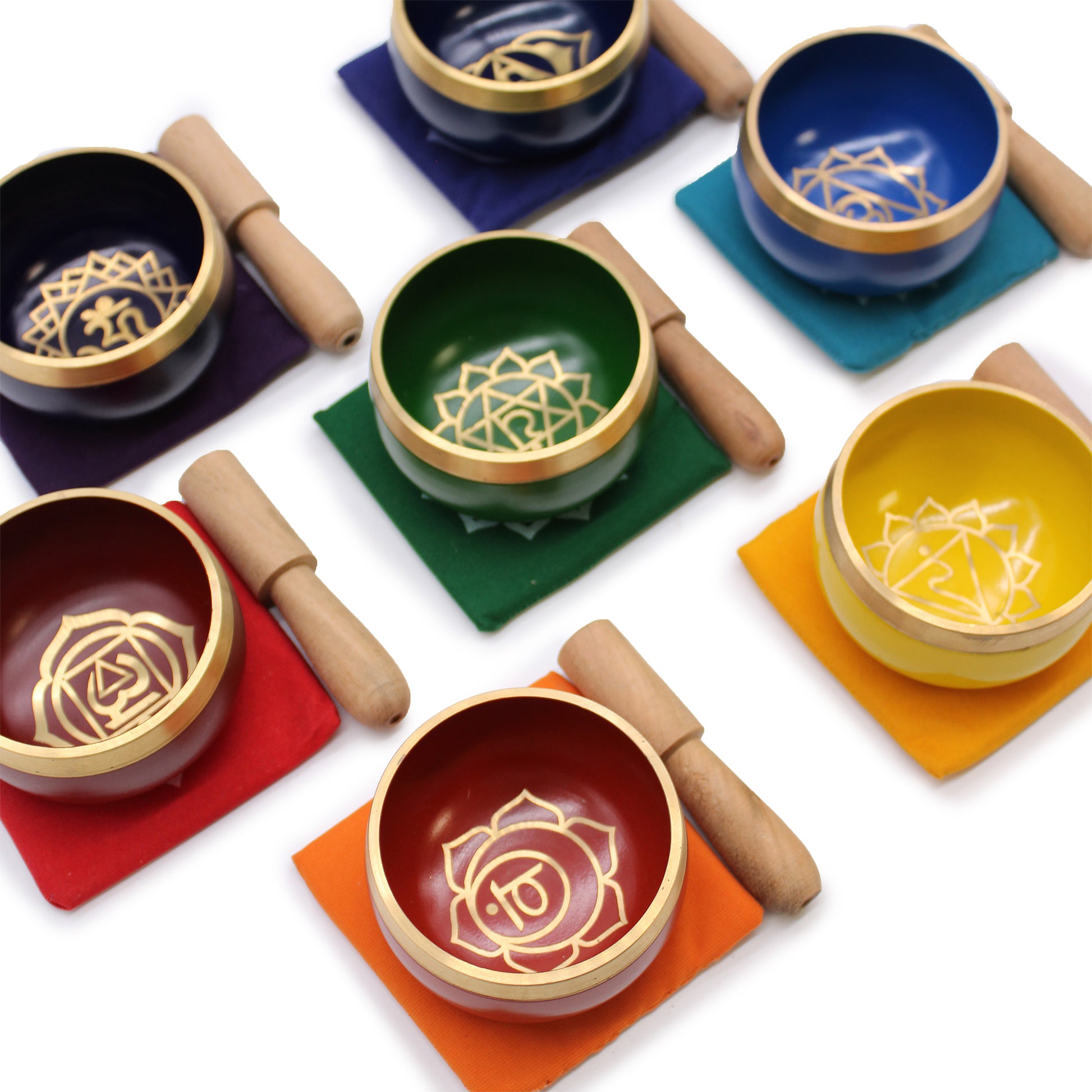 All 7 Chakra Bowls, Mallets and Mats for the Authentic Brass Pyramid Healing 7 Chakra Singing Bowl Set