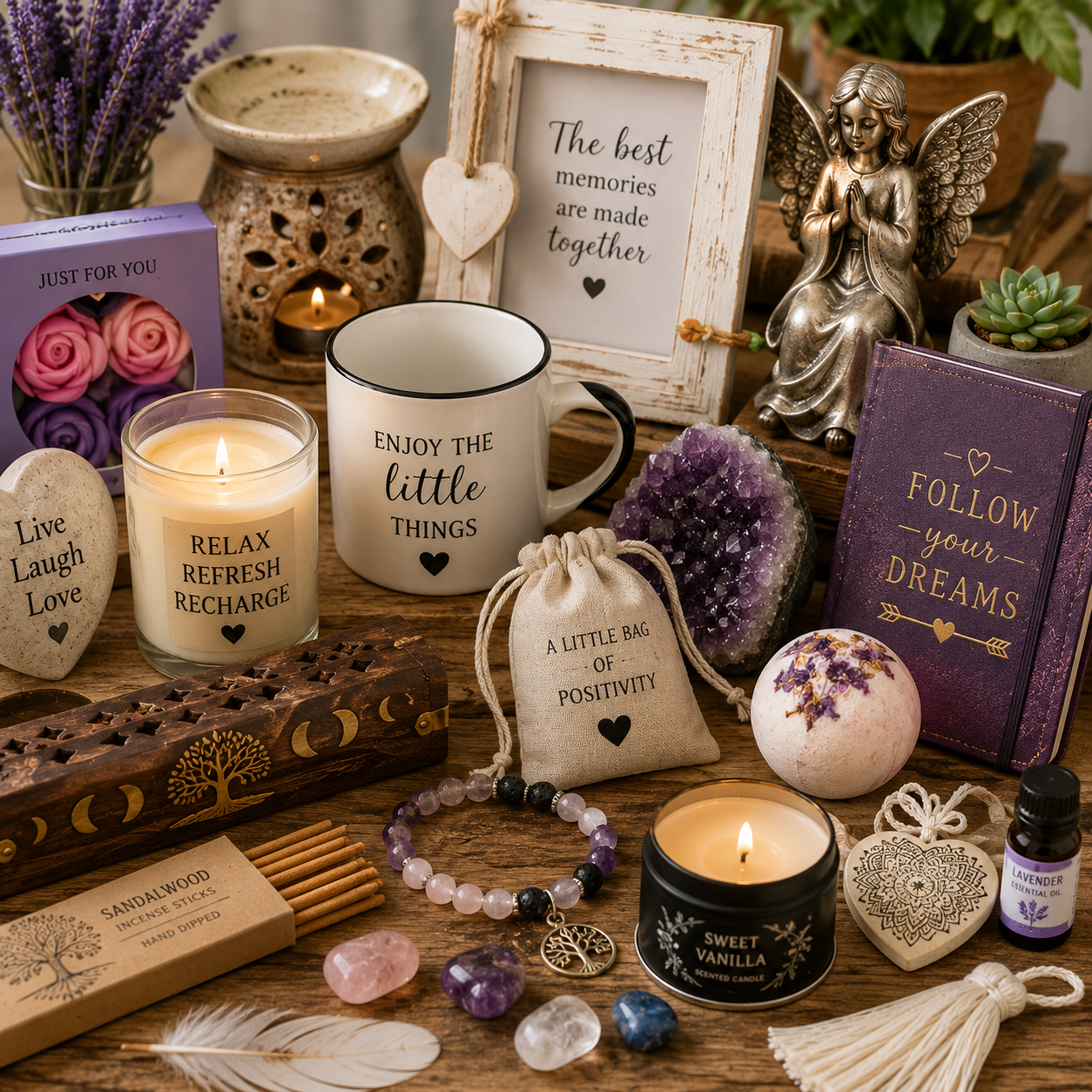 Novelty items, keepsakes and collectables including crystals, candles, incense, journals and decorative gifts from Quintessential Holistic Health.
