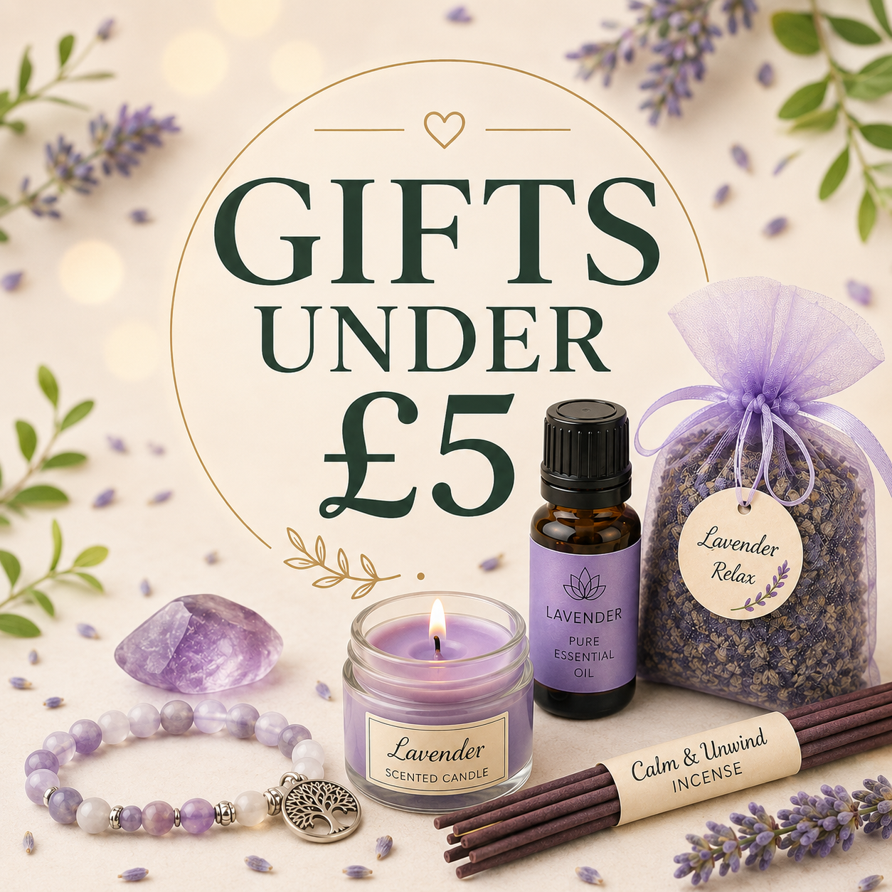 Gifts Under £5 with lavender wellness treats, candle, essential oil, incense, crystal and bracelet from Quintessential Holistic Health.
