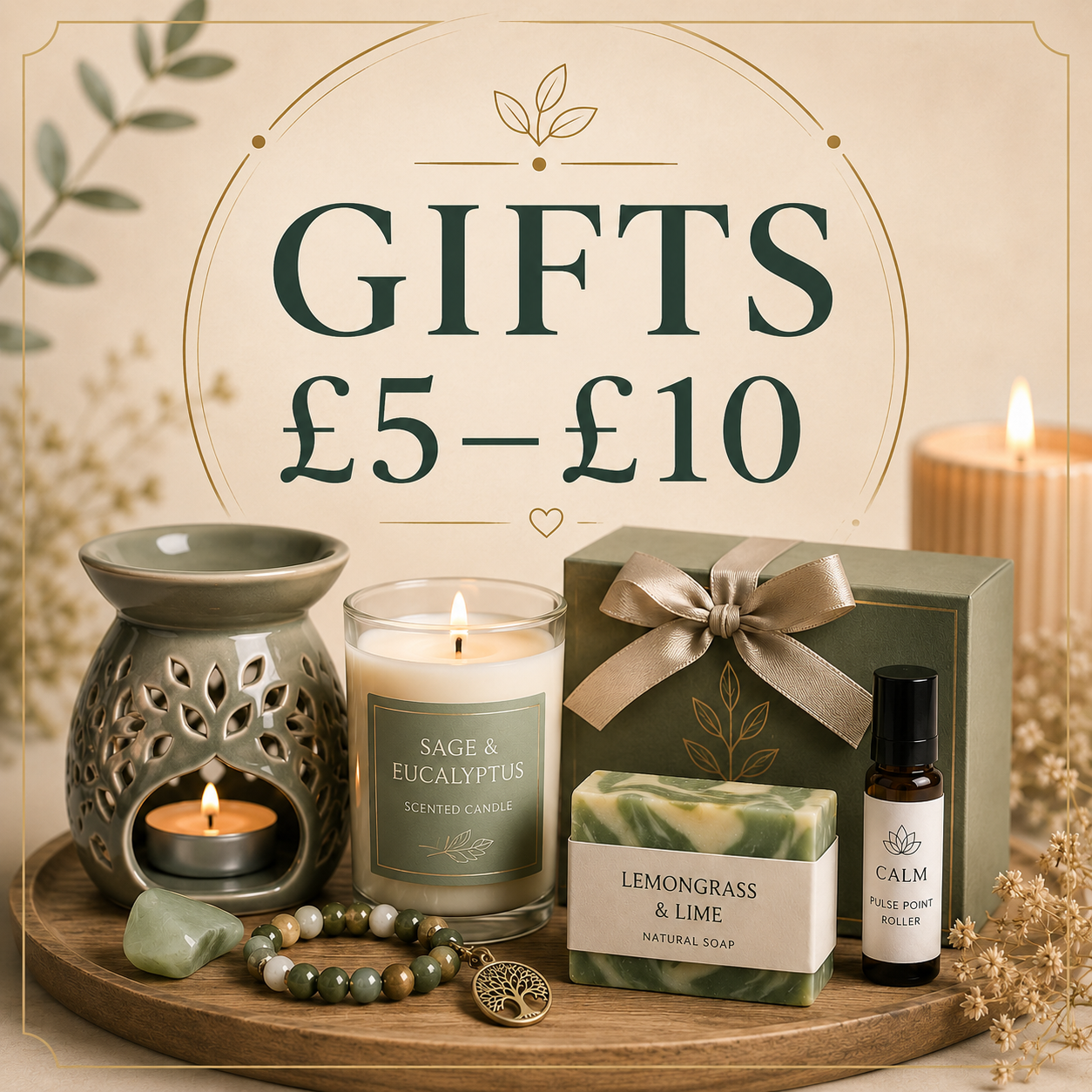 Gifts £5–£10 with oil burner, candle, natural soap, crystal bracelet and wellness gifts from Quintessential Holistic Health.