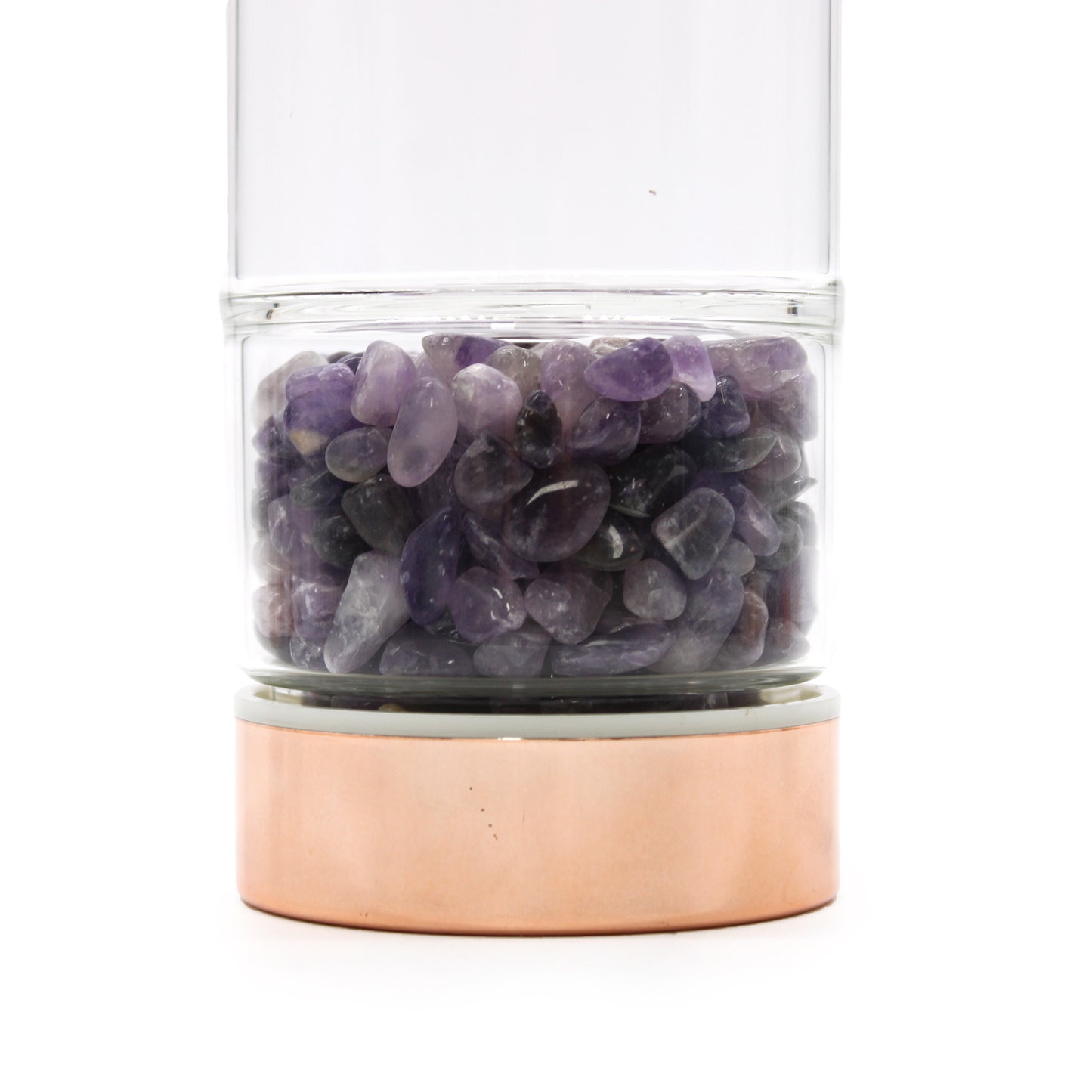 Close up of the 500ml Rose Gold and Crystal Glass Tea Infuser Bottle with Amethyst Gemstones