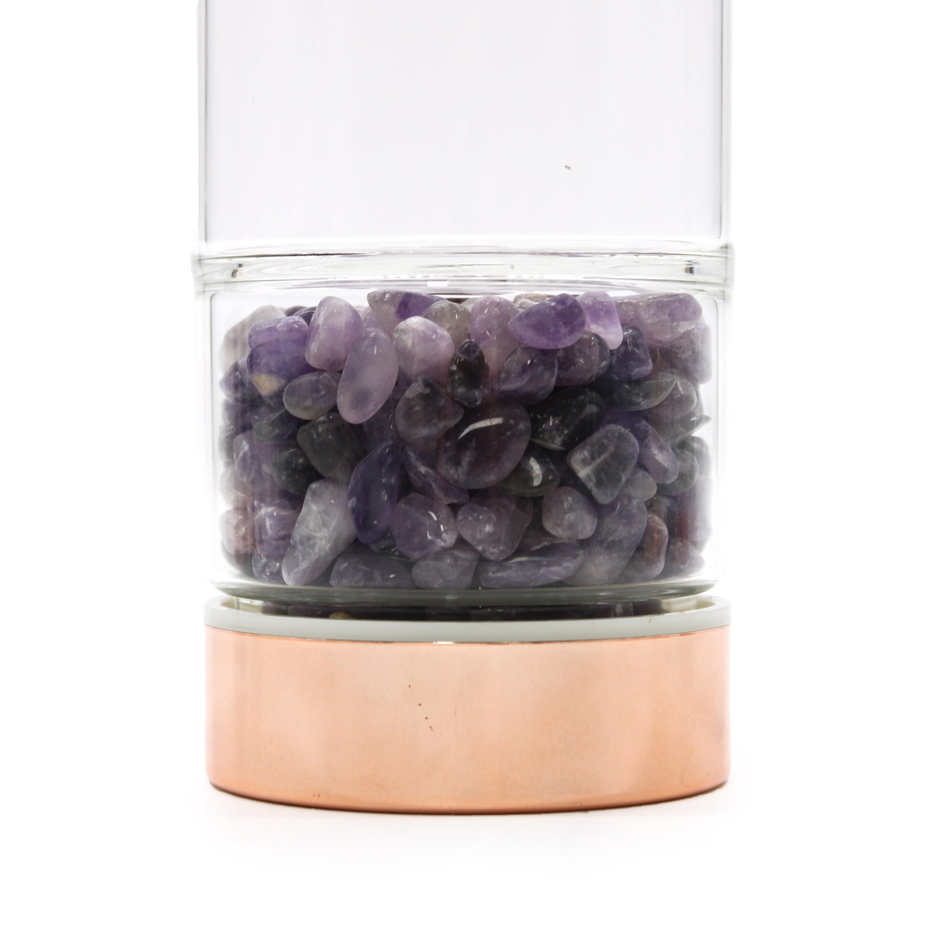 Close up of the 500ml Rose Gold and Crystal Glass Tea Infuser Bottle with Amethyst Gemstones