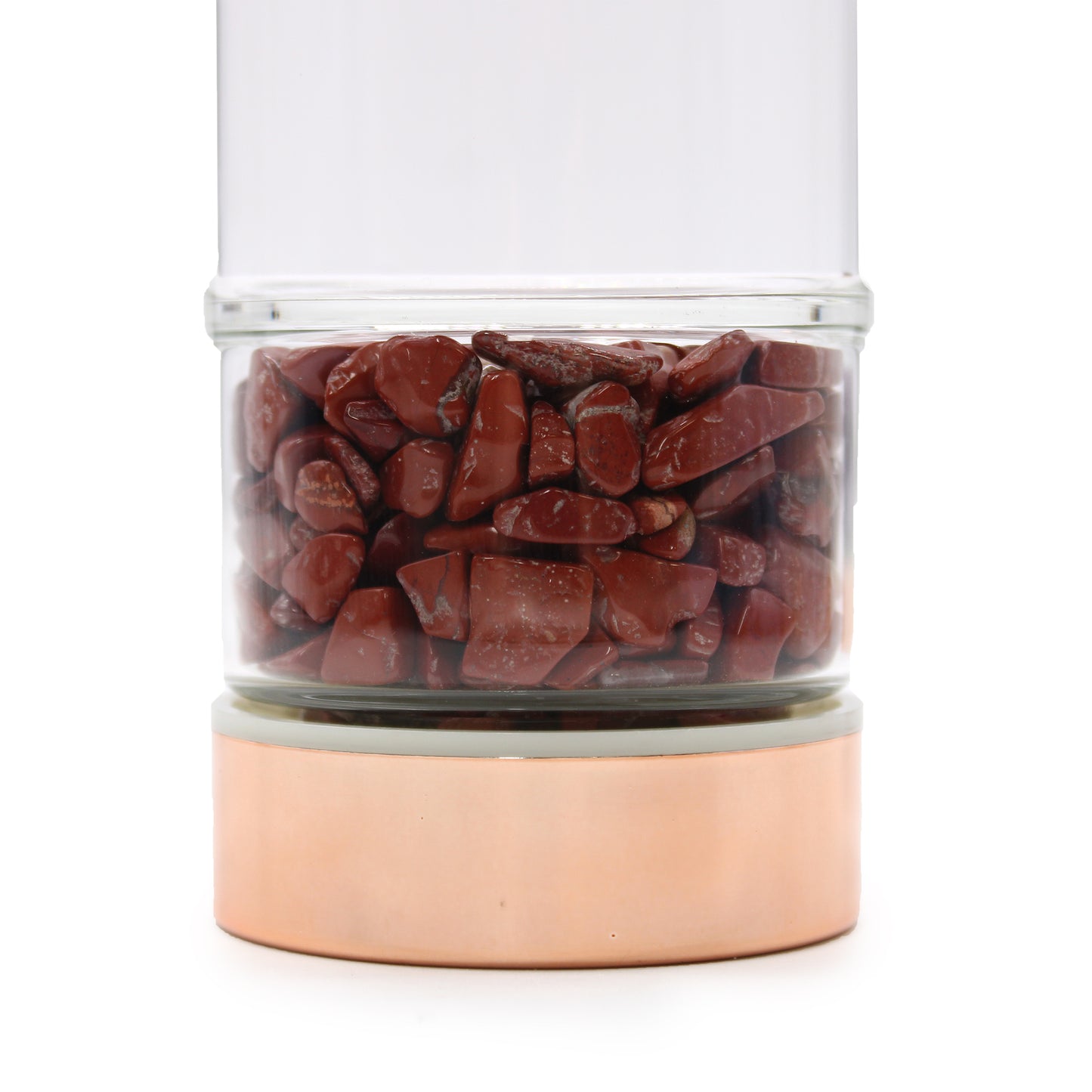 Close up of the 500ml Rose Gold and Crystal Glass Tea Infuser Bottle with Red Jasper Gemstones