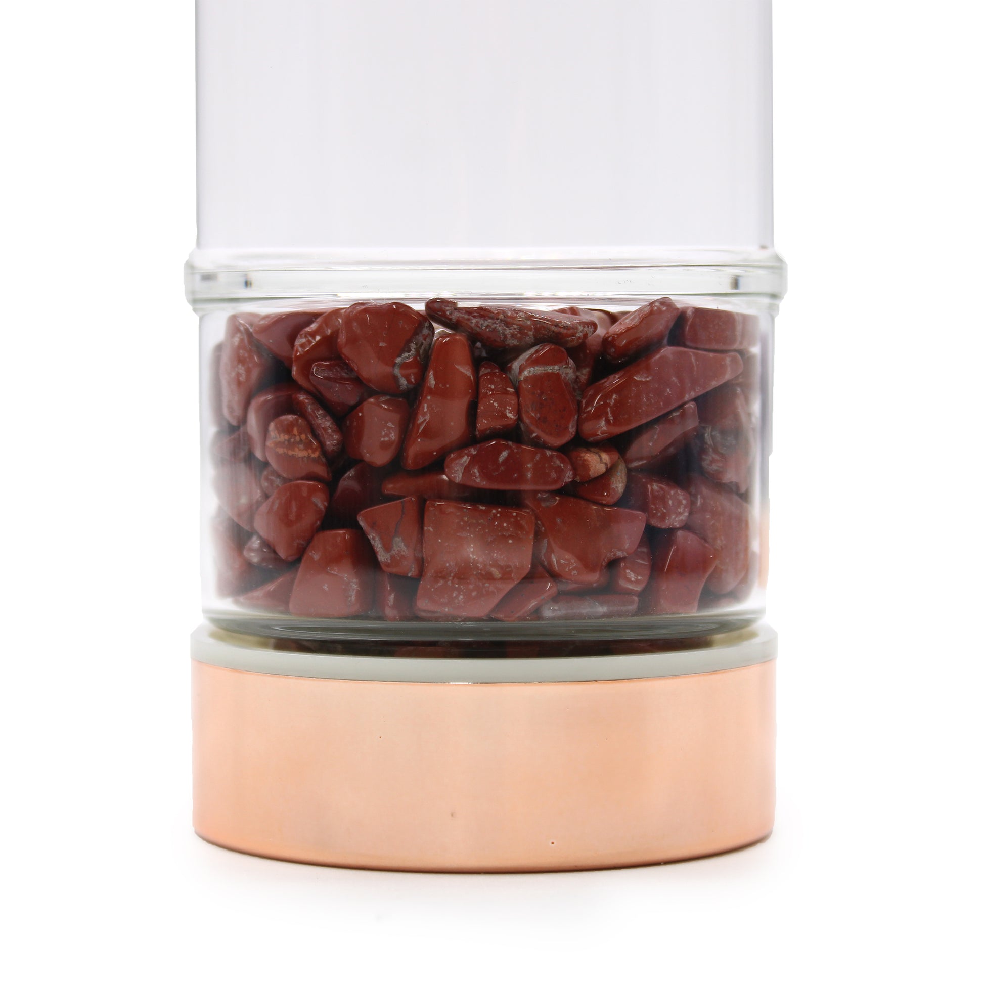 Close up of the 500ml Rose Gold and Crystal Glass Tea Infuser Bottle with Red Jasper Gemstones