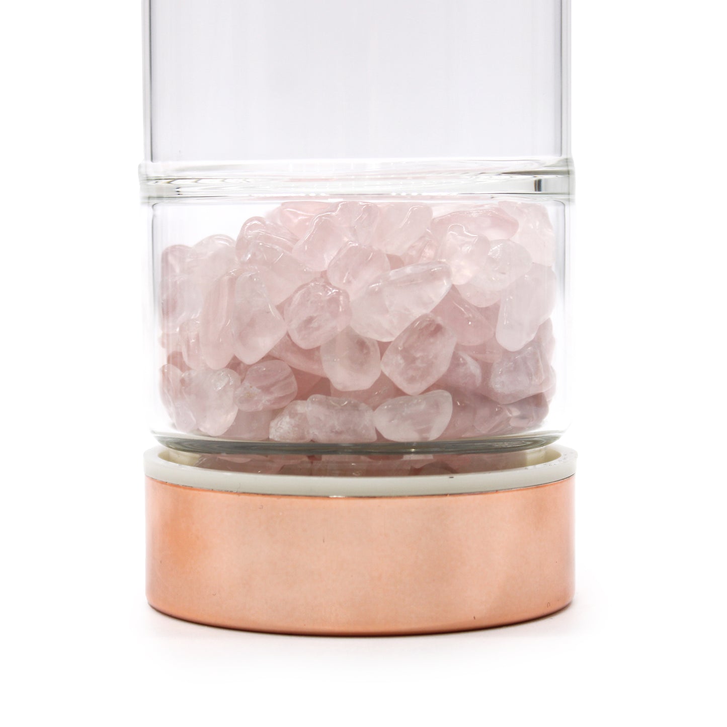 Close up of the 500ml Rose Gold and Crystal Glass Tea Infuser Bottle with Rose Quartz Gemstones