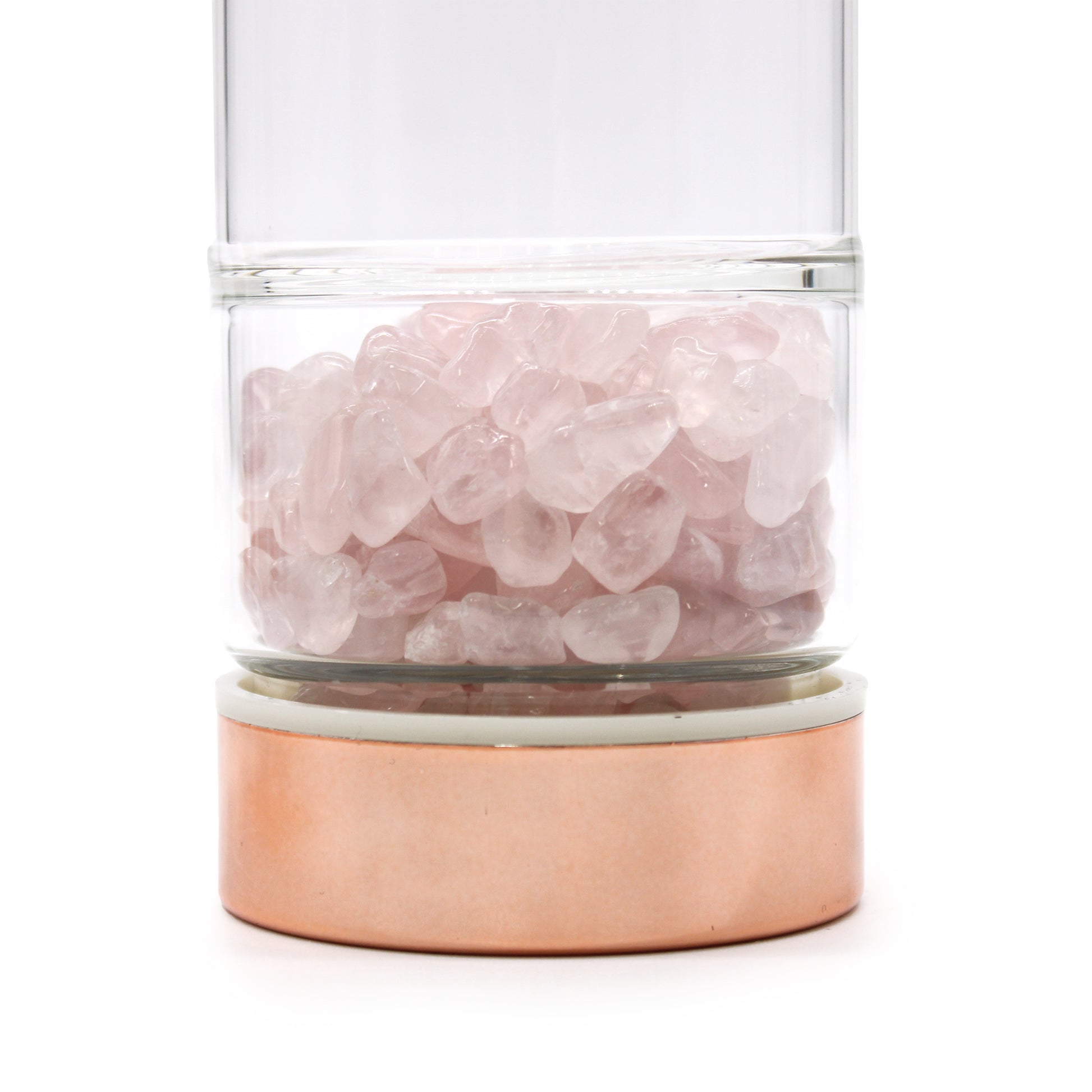 Close up of the 500ml Rose Gold and Crystal Glass Tea Infuser Bottle with Rose Quartz Gemstones