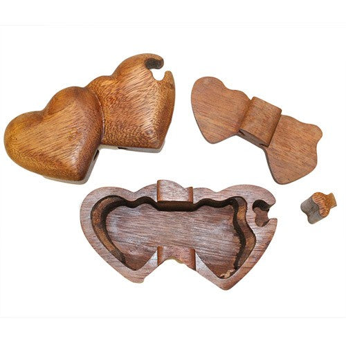 Dismantled Twin Hearts Handmade Balinese Sheesham Suman Wood Magic Compartment Box with Meanings