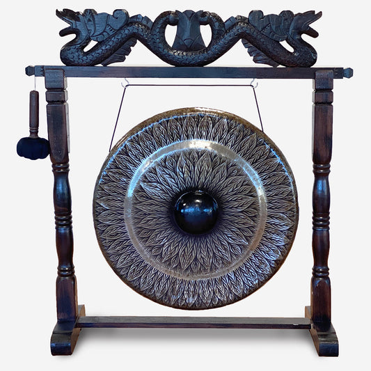 Extra Large 80cm Patterned Gong - Traditional gong with golden centre, suspended from an ornate wooden frame with carved dragon motifs.