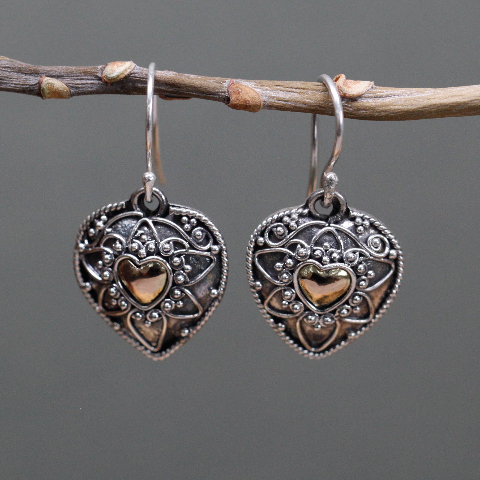 Handmade Silver and Gold Earrings - Mandala Hearts Hanging From a Tree Branch