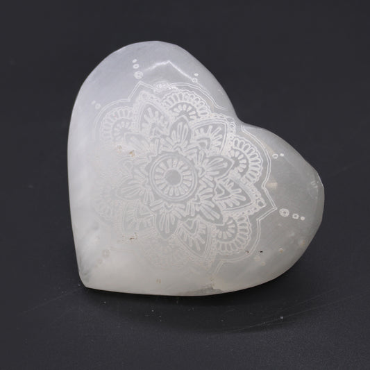 Mandala Engraved Selenite Crystal Heart