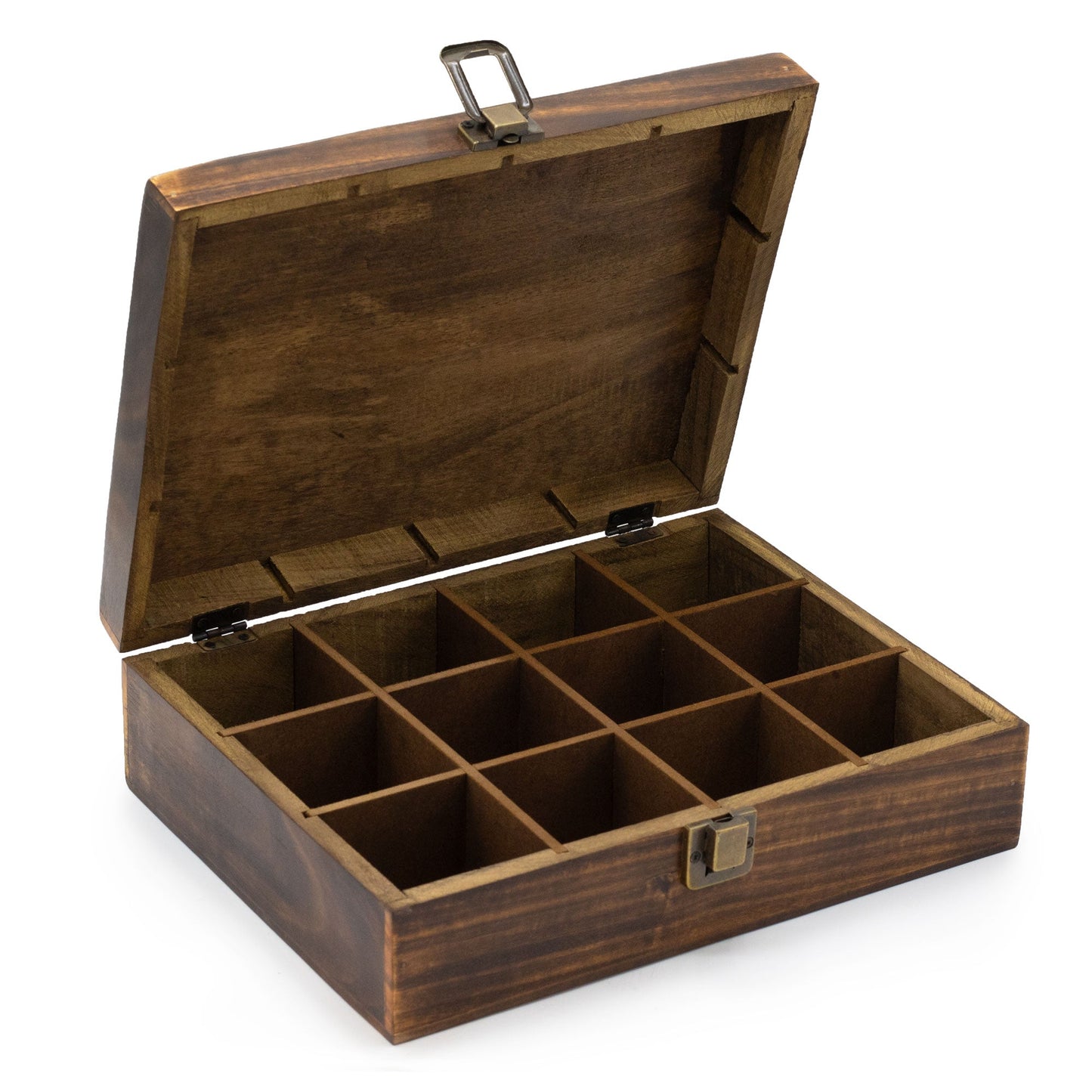 Open Mango Wood Vintage Style Carved Tea Box Showing the 12 Compartments