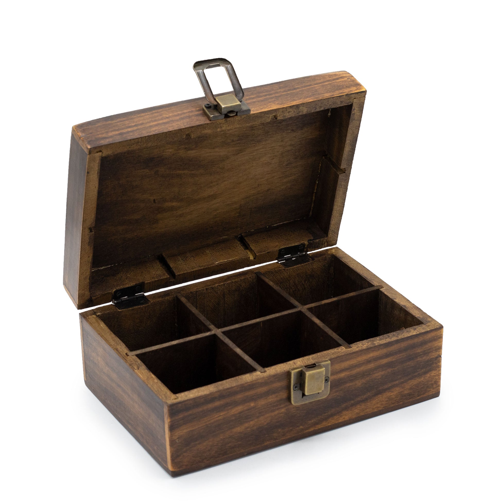 Open Mango Wood Vintage Style Carved Tea Box Showing the 6 Compartments