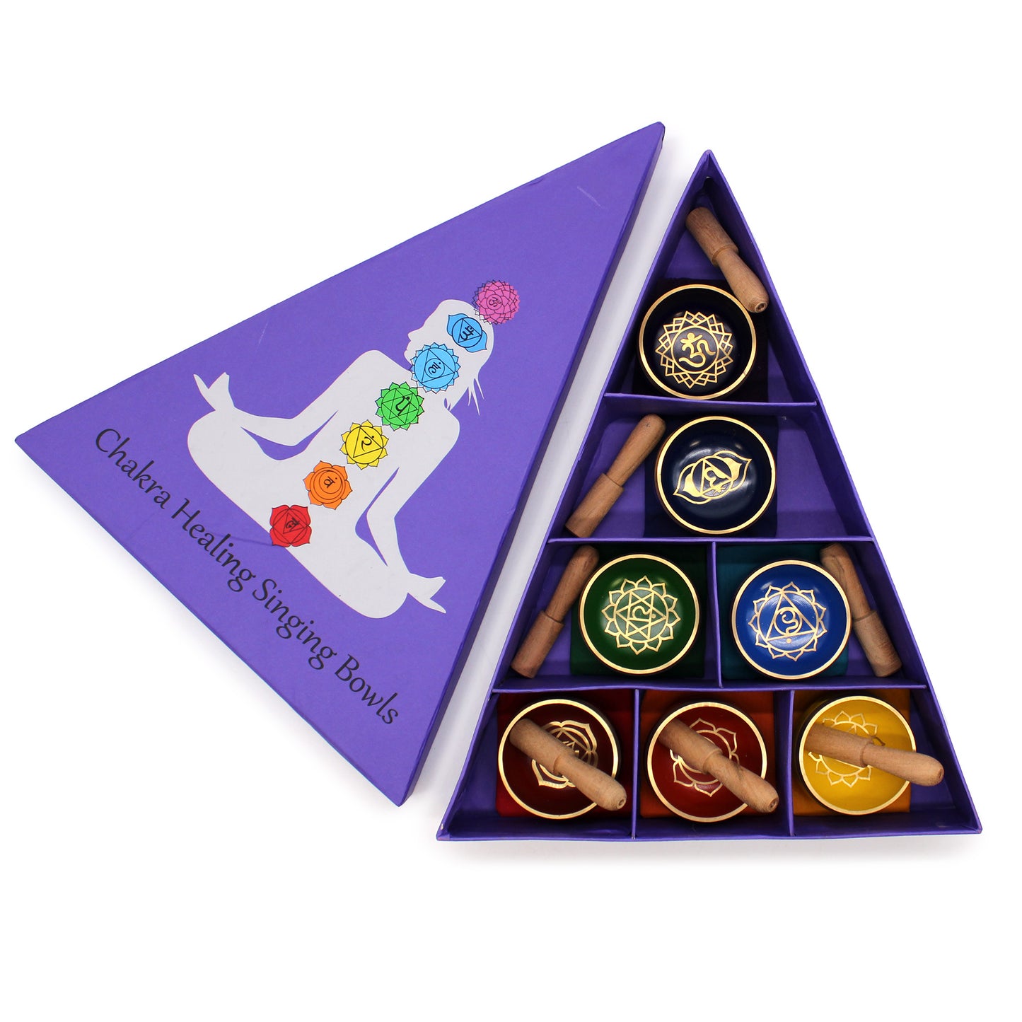 Open top of the Box lid for the Authentic Brass Pyramid Healing 7 Chakra Singing Bowl Set