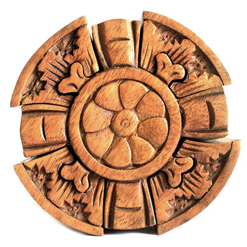 Round Petal Handmade Balinese Sheesham Suman Wood Magic Compartment Box with Meanings