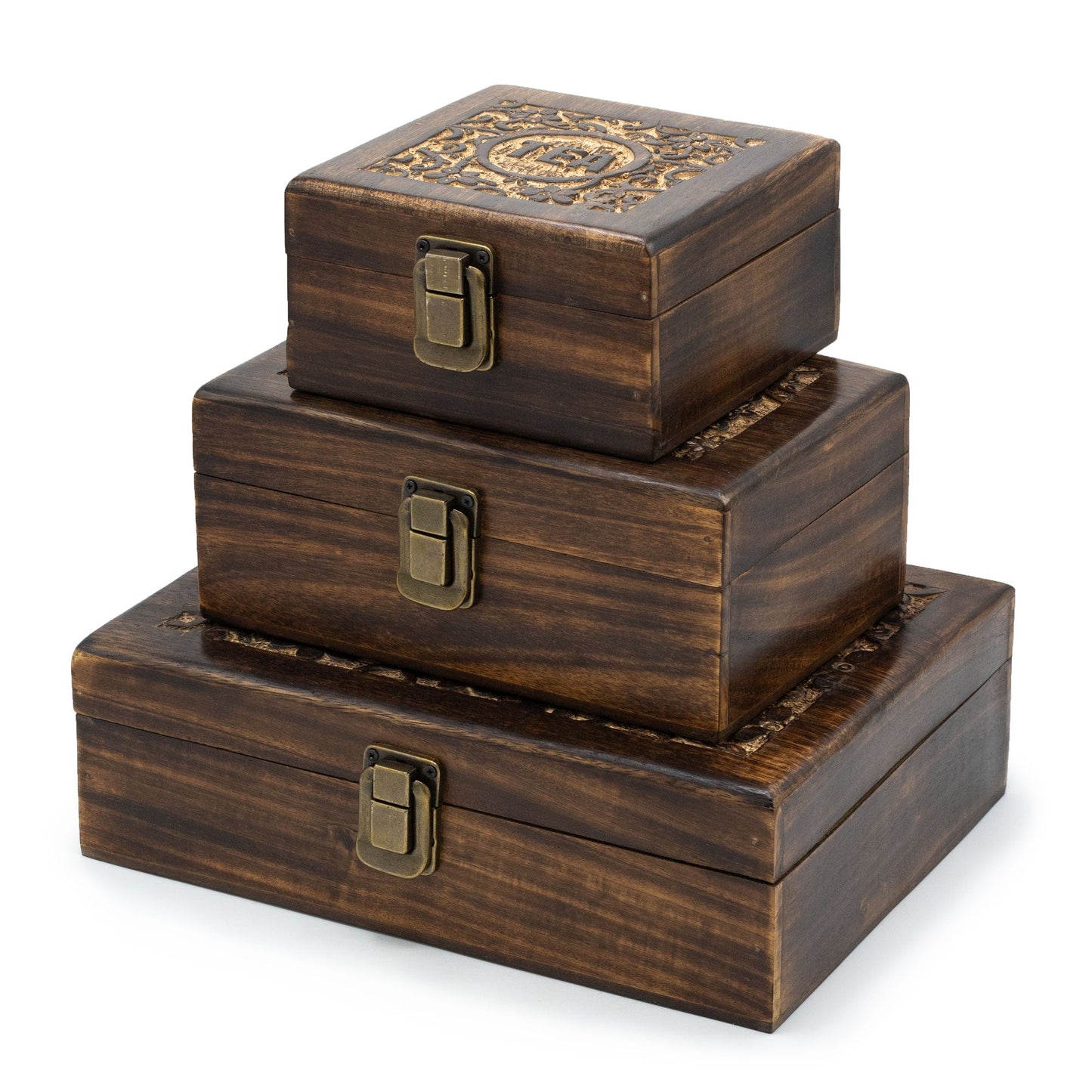 Set of Mango Wood Vintage Style Carved Tea Box with 4 6 and 12 Compartments