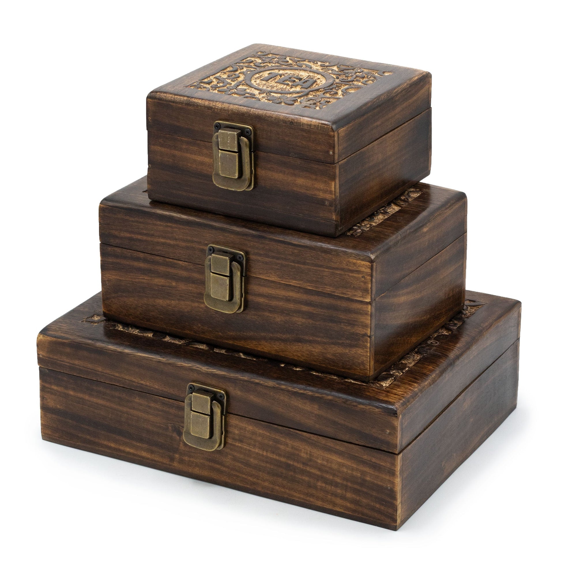 Set of Mango Wood Vintage Style Carved Tea Box with 4 6 and 12 Compartments
