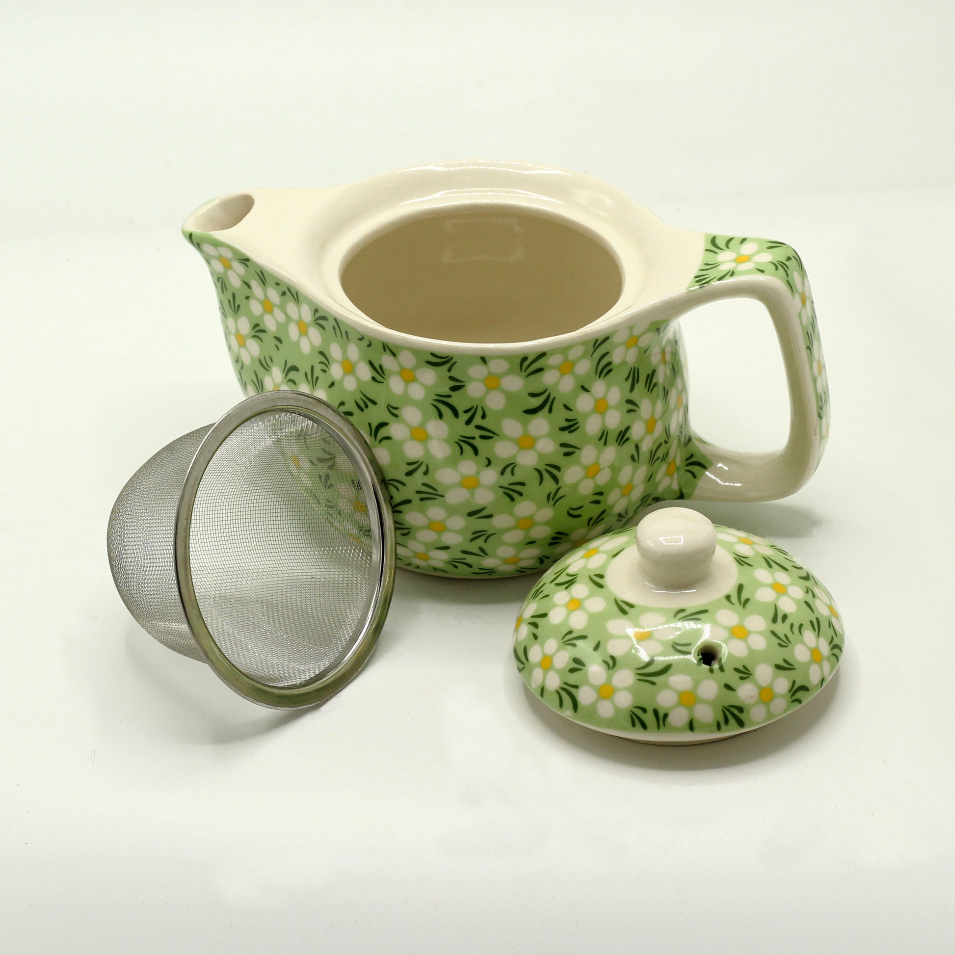 Small Ceramic Green Daisy Design Herbal Teapot and Strainer