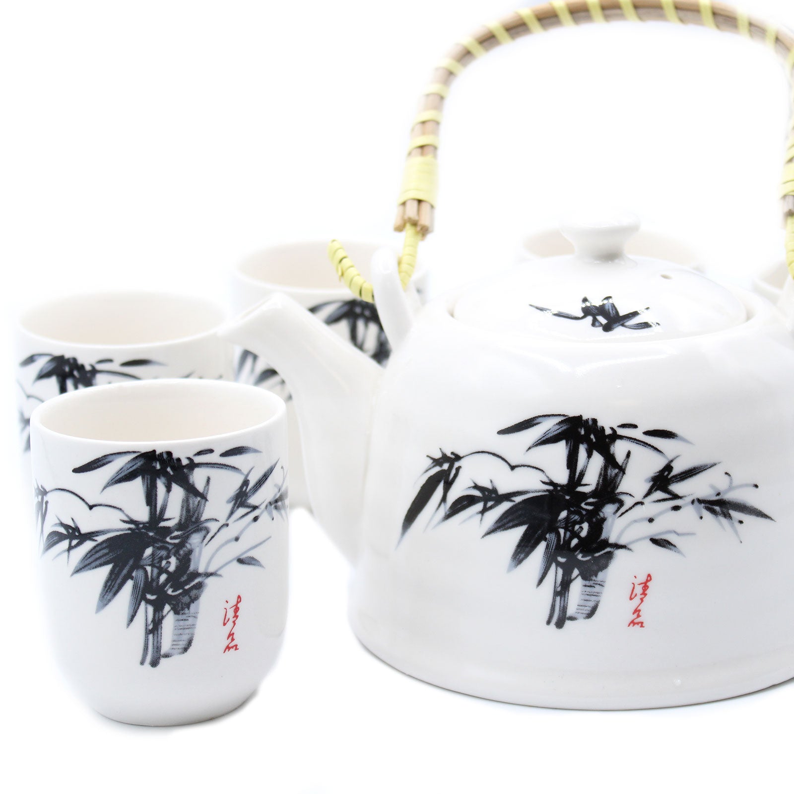 Zoomed out on the 650ml Oriental Black Bamboo Design White Ceramic Teapot with a Strainer and a 6 Matching Cup Set