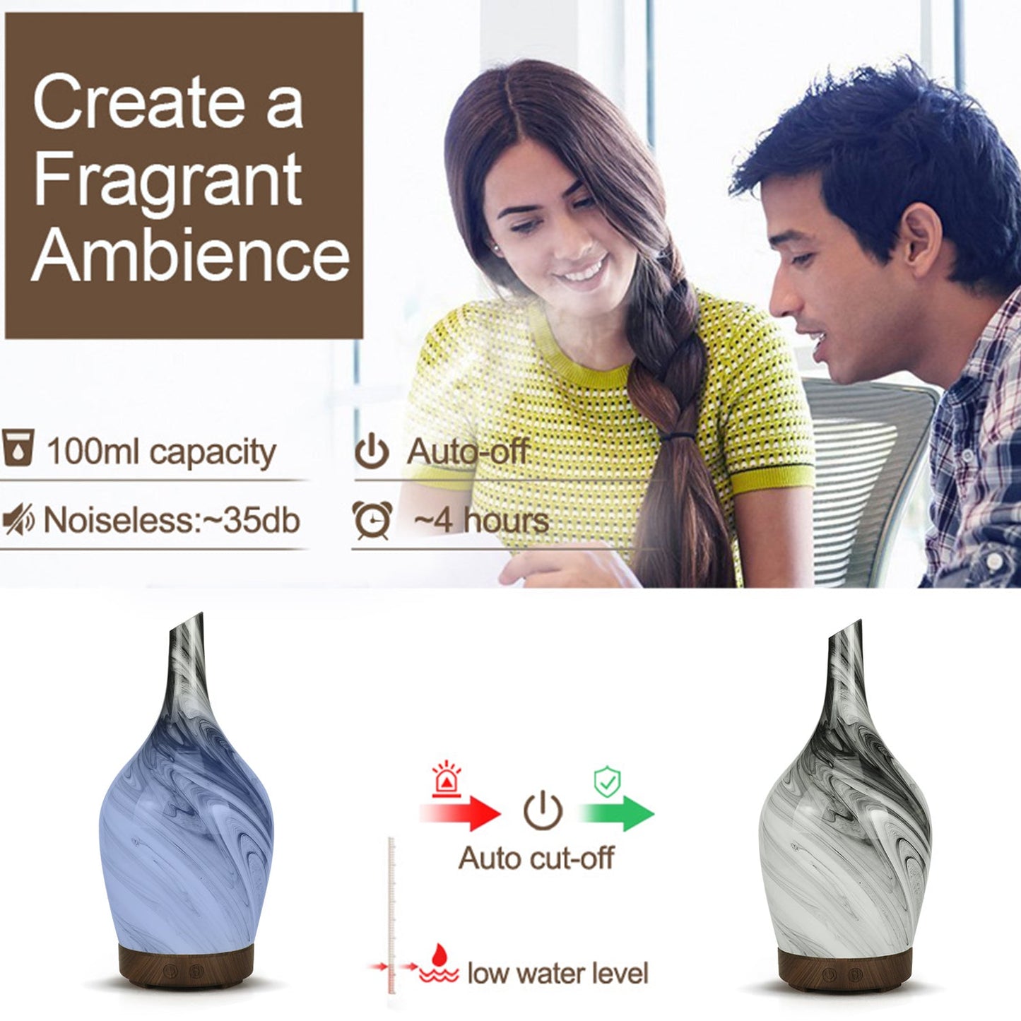 Glass USB Aroma Diffuser - Abstract Grey, pictured with blue and white variants, feature icons and a couple by Quintessential Holistic Health Ltd