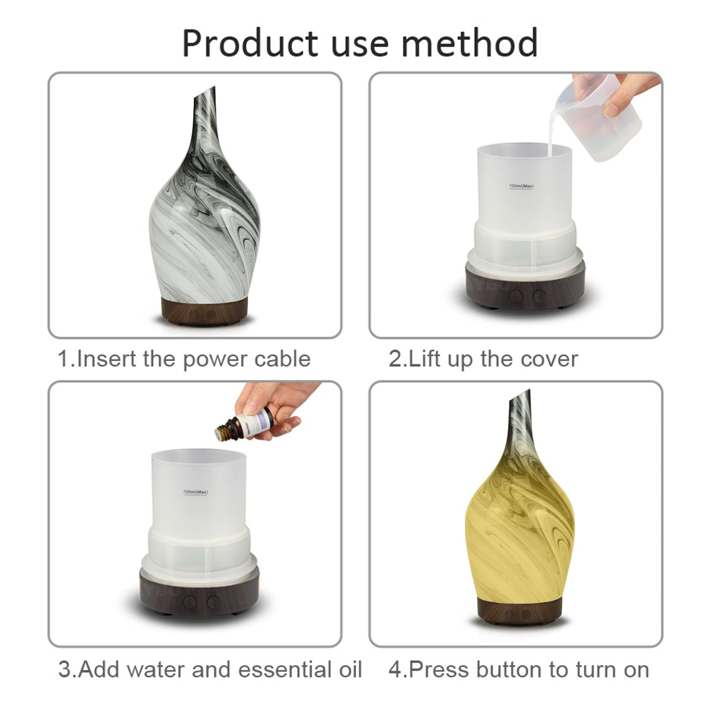 Glass USB Aroma Diffuser - Abstract Grey, shown in a four-step illustrated product use guide by Quintessential Holistic Health Ltd