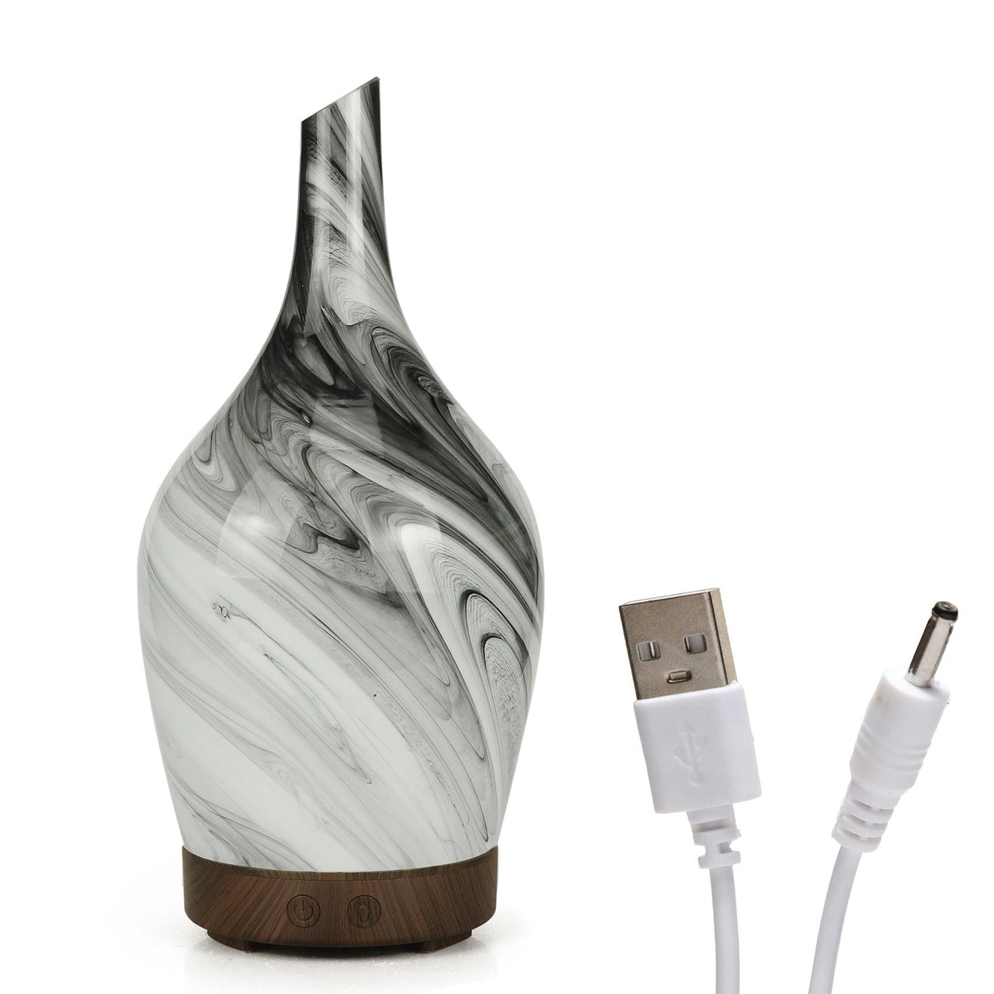 Glass USB Aroma Diffuser - Abstract Grey, shown upright beside a USB power cable and barrel connector by Quintessential Holistic Health Ltd