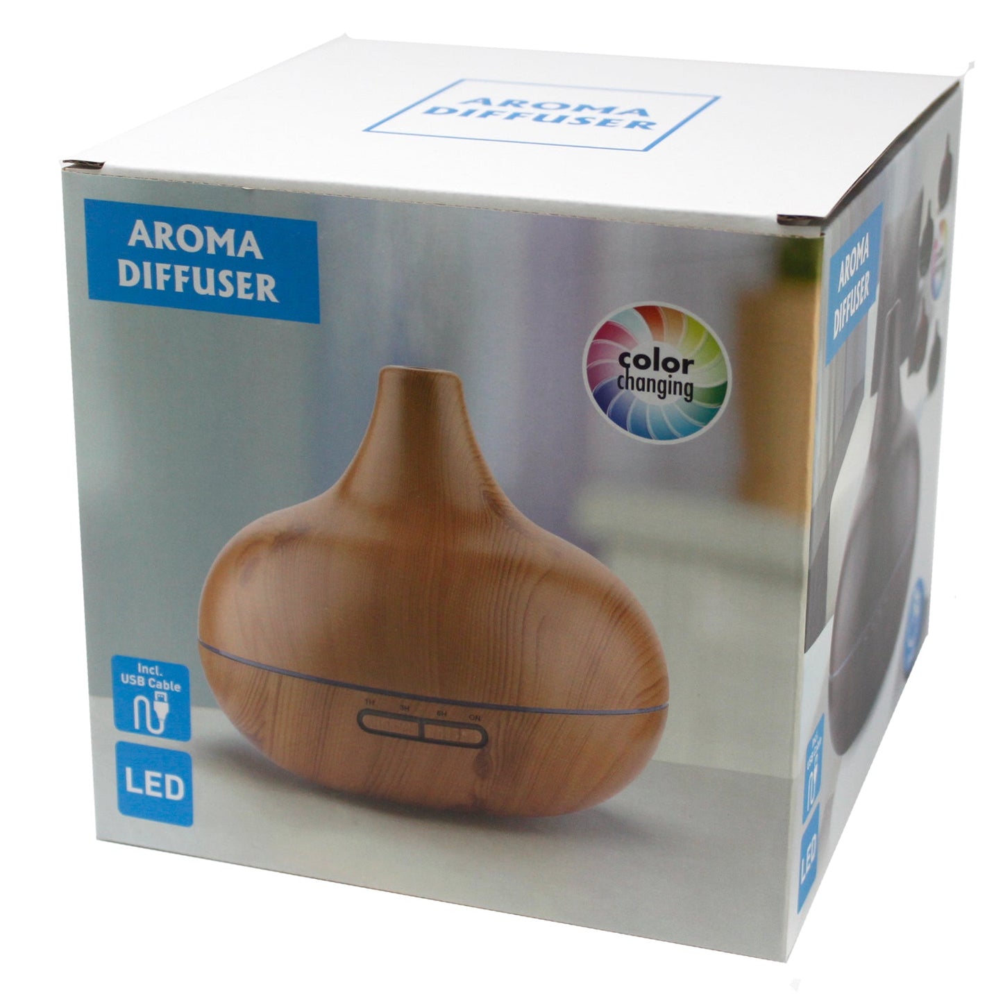 USB Aroma Diffuser - Santorini Shell retail box showing the wood-effect diffuser by Quintessential Holistic Health Ltd