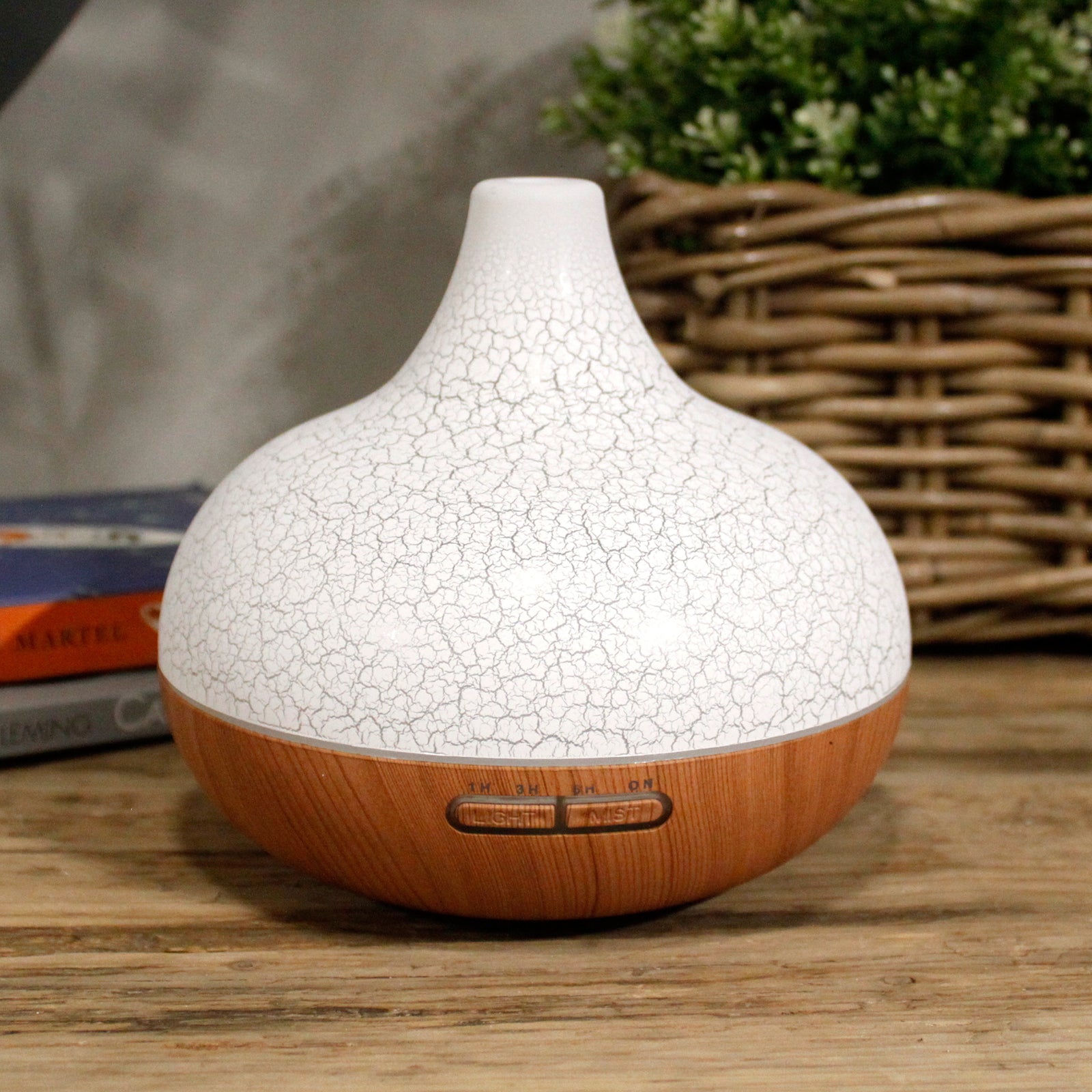 USB Aroma Diffuser - Santorini Shell with a white crackle-patterned dome and wood-effect base by Quintessential Holistic Health Ltd