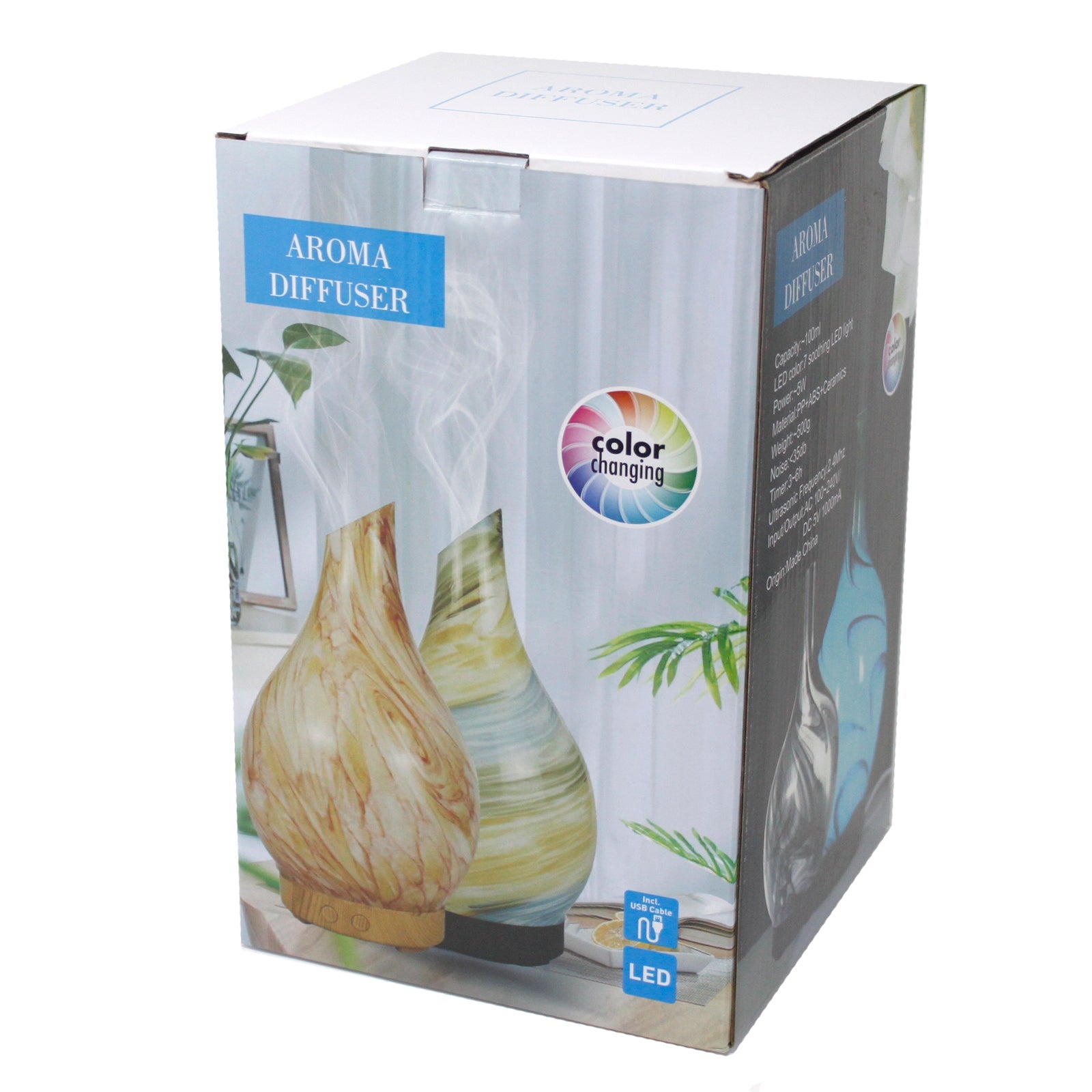Colour-Changing USB Aroma Diffuser - Ibiza shown on a printed box with diffuser images and a colour-changing symbol by Quintessential Holistic Health Ltd