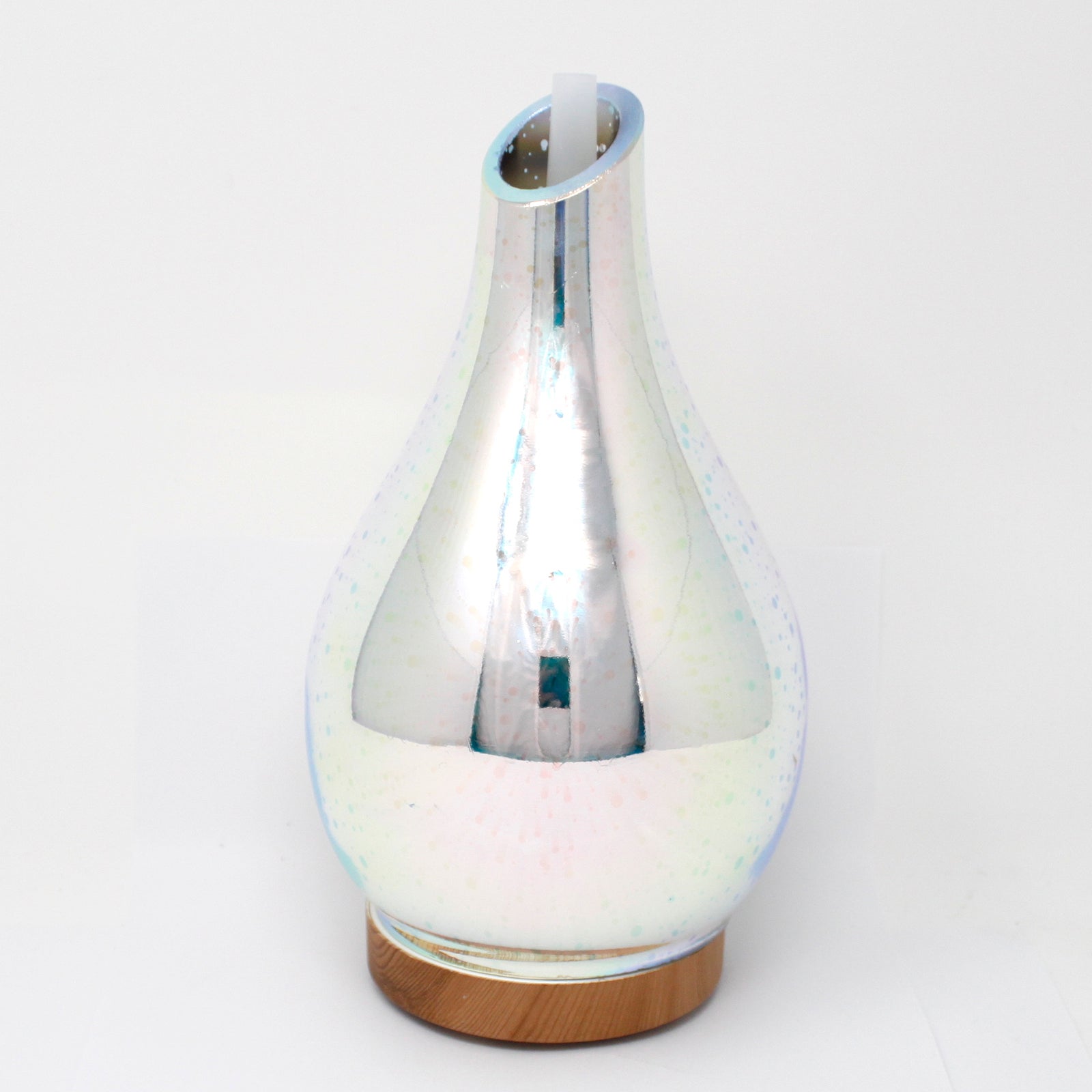 Colour-Changing USB Aroma Diffuser - Ibiza with a reflective silver teardrop body and wood-effect base by Quintessential Holistic Health Ltd