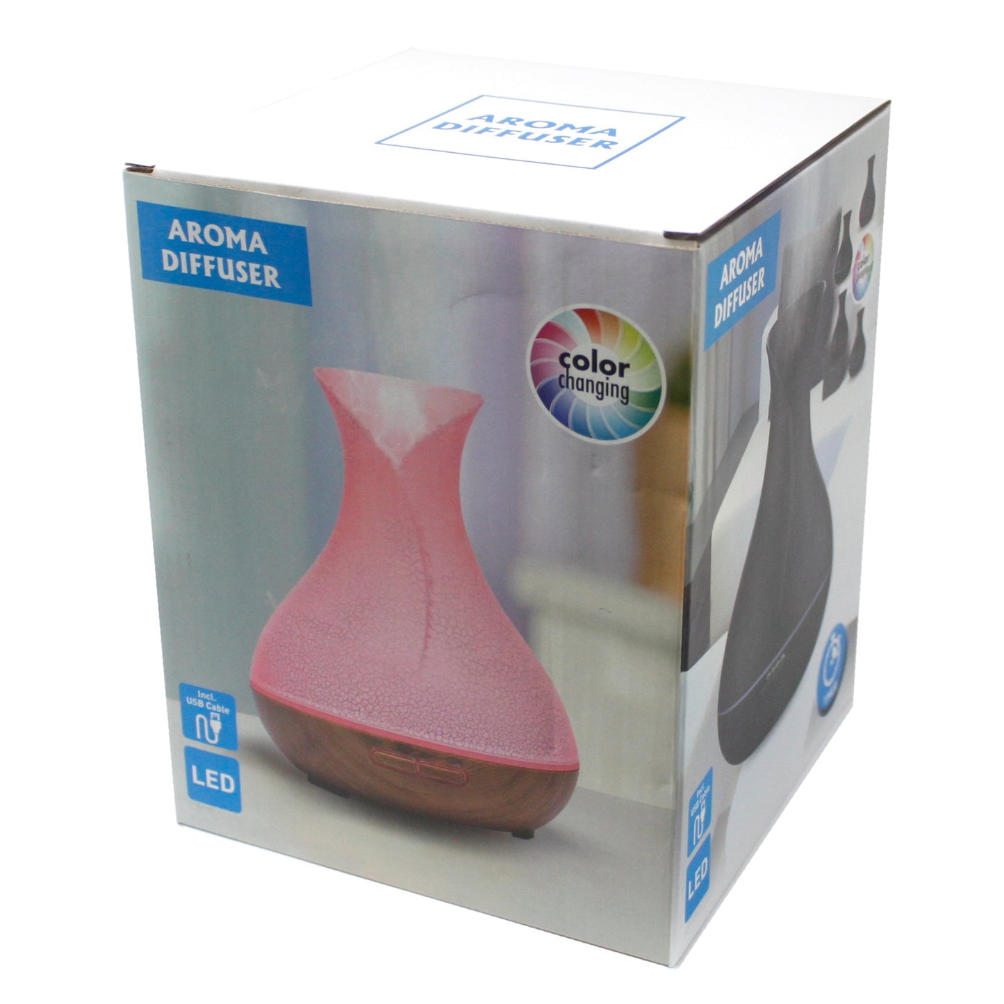 Colour-Changing USB Aroma Diffuser - Palma Shell, pink-lit curved model pictured on an Aroma Diffuser retail box, by Quintessential Holistic Health Ltd