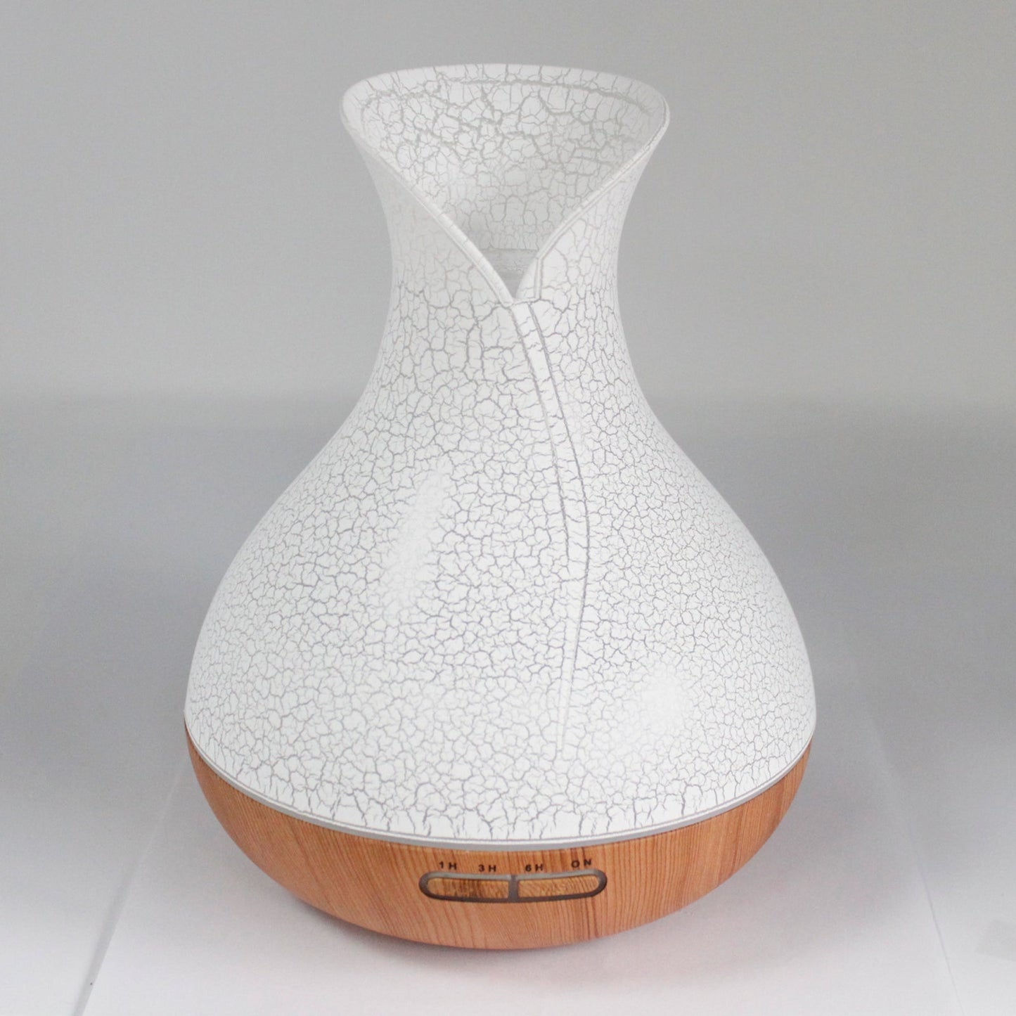 Colour-Changing USB Aroma Diffuser - Palma Shell, white crackle-patterned curved design with wood-effect base and three buttons, by Quintessential Holistic Health Ltd