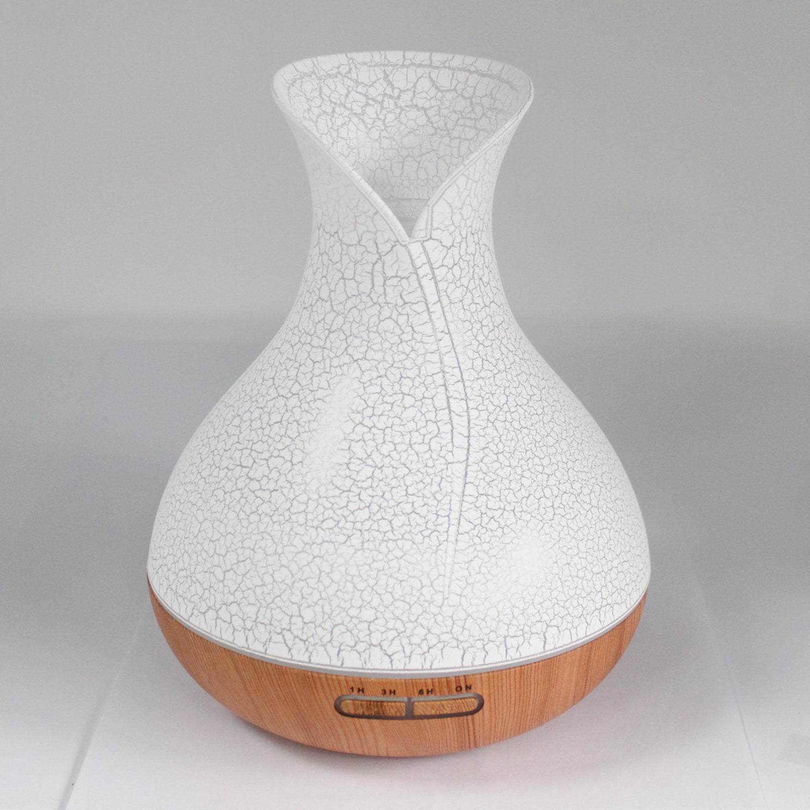 Colour-Changing USB Aroma Diffuser - Palma Shell, white crackle-patterned curved design with wood-effect base and three buttons, by Quintessential Holistic Health Ltd